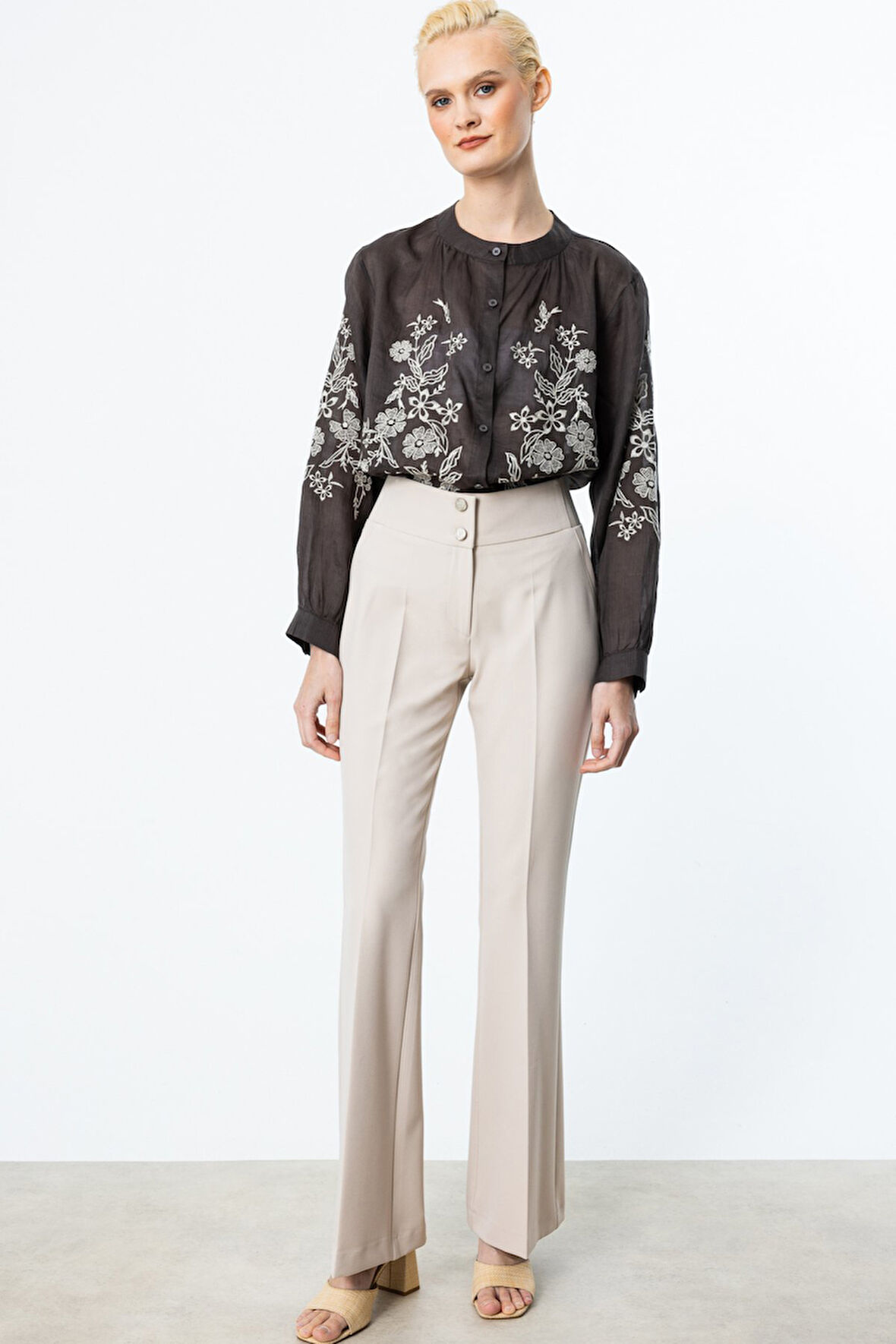 Ekol Kadın Beli Kalın Lastikli İspanyol Paça Pantolon 2092 Bej