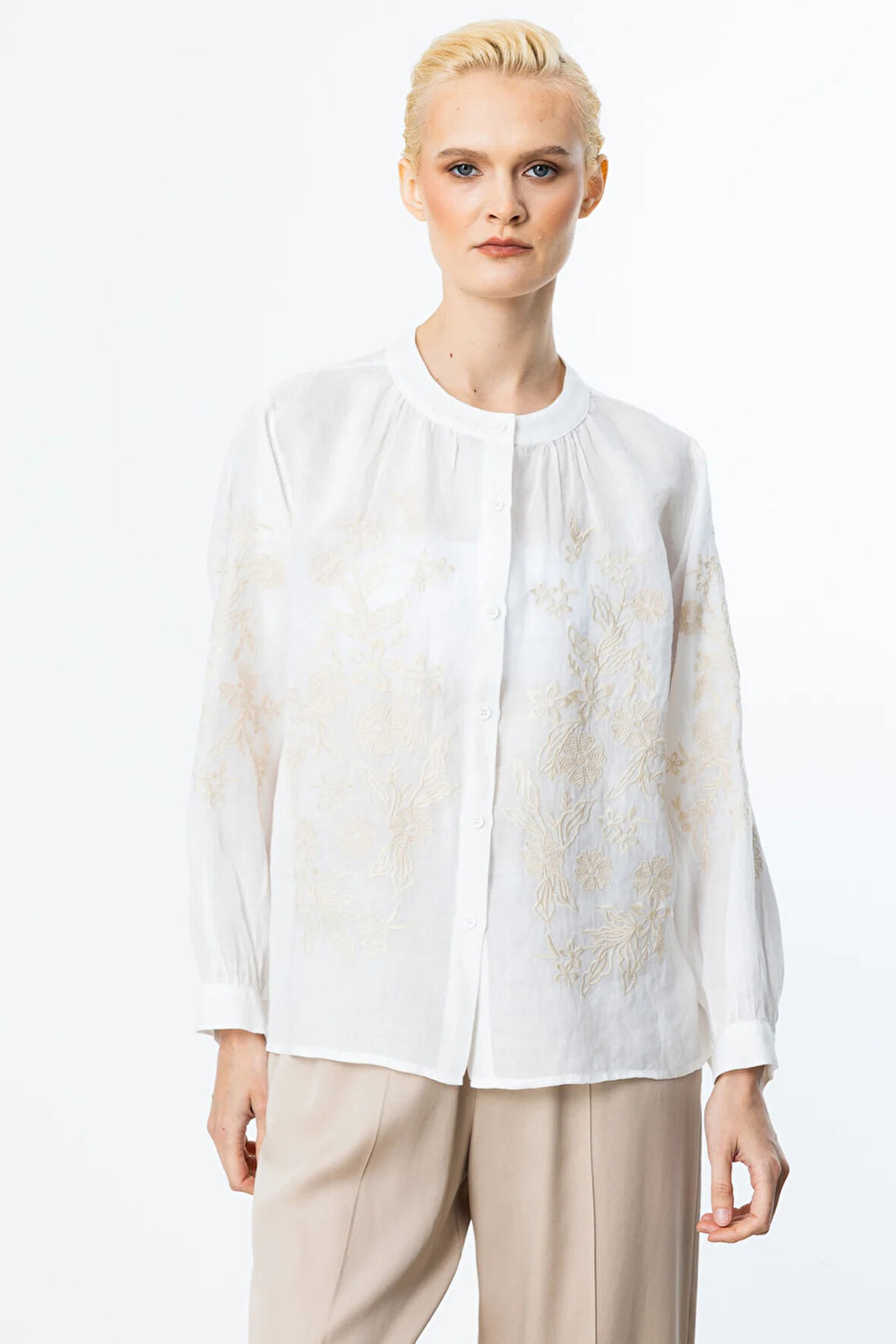 Ekol Kadın Nakış Detaylı Düğmeli Bluz 3938 Ekru