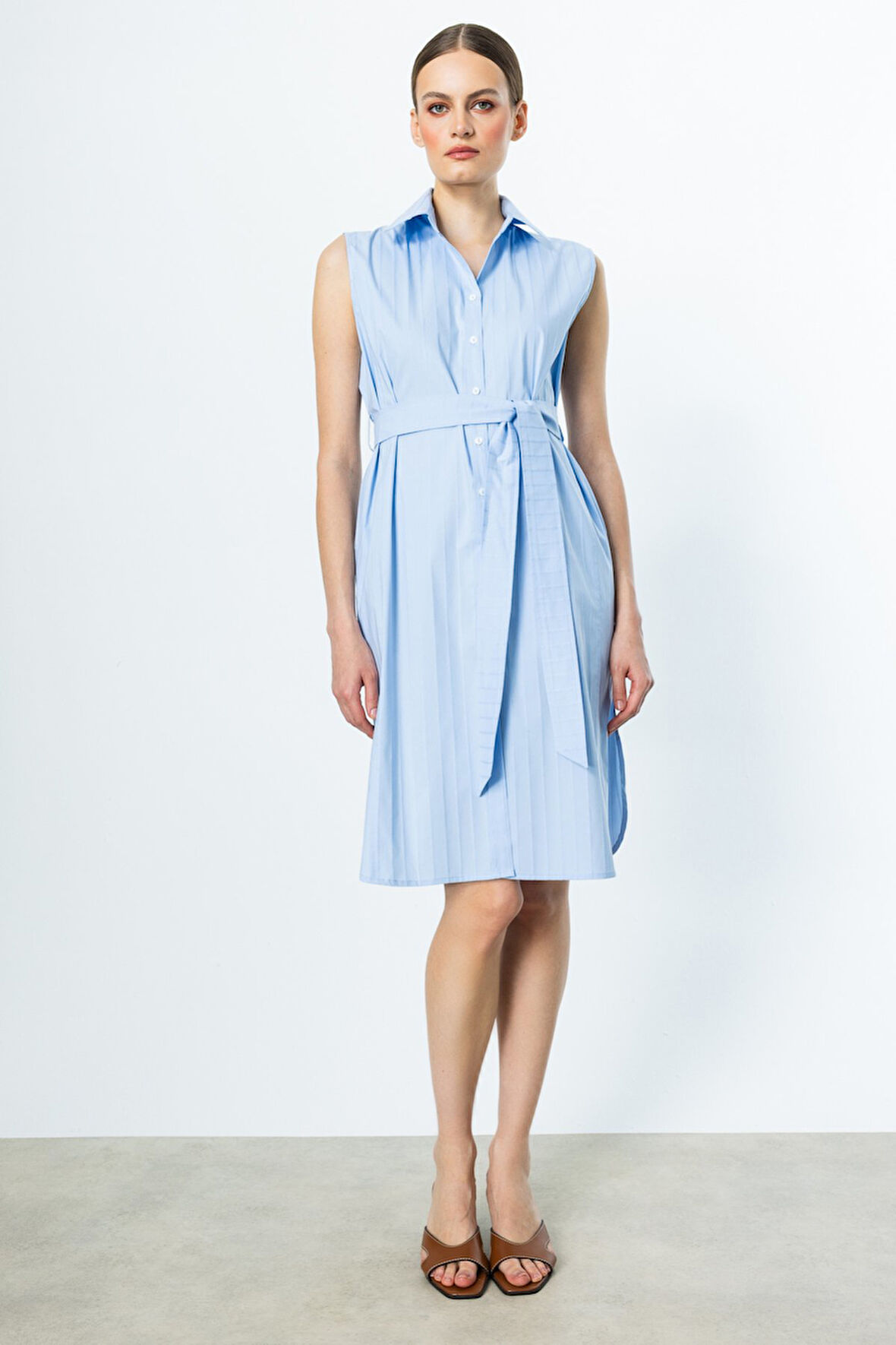 Ekol Kadın Simli Çizgi Detaylı Pamuklu Elbise 5142 Mavi