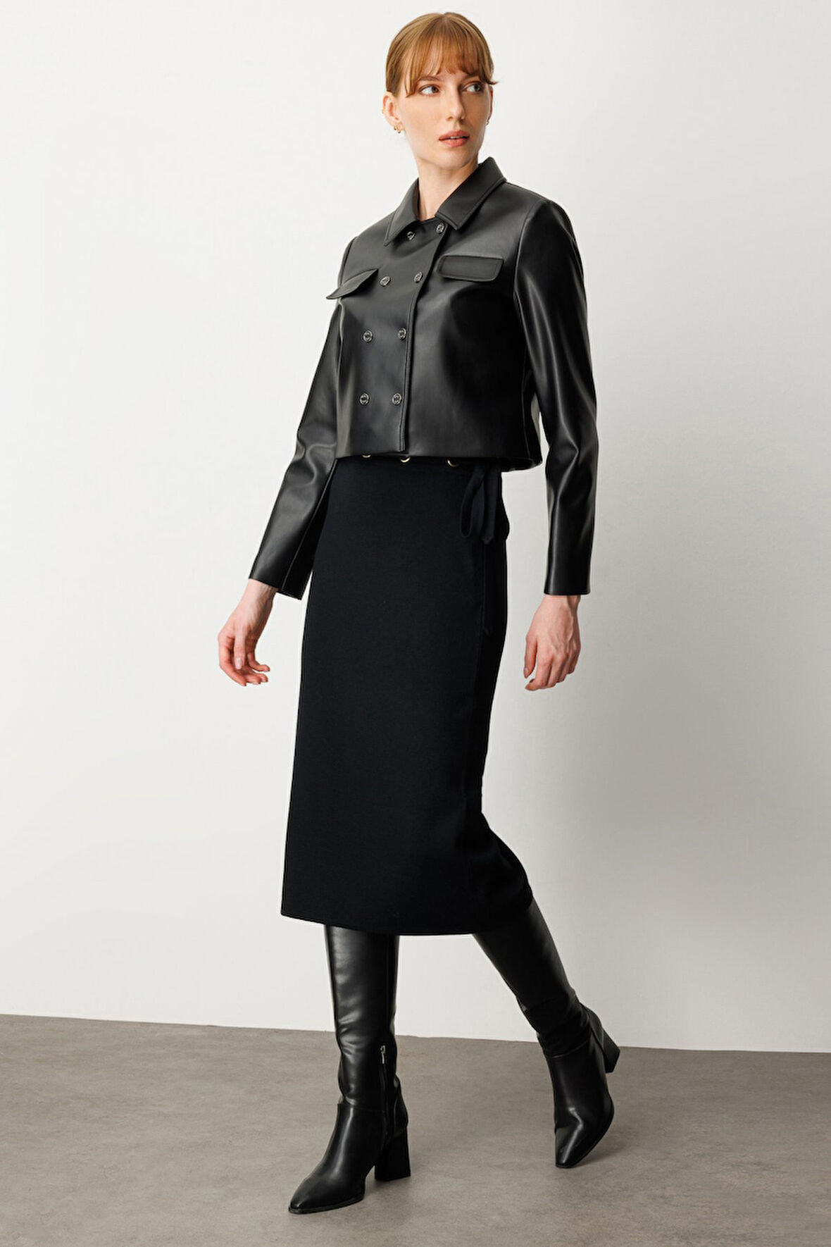 Ekol Kadın Çıtçıtlı Deri Crop Ceket 5087 Siyah