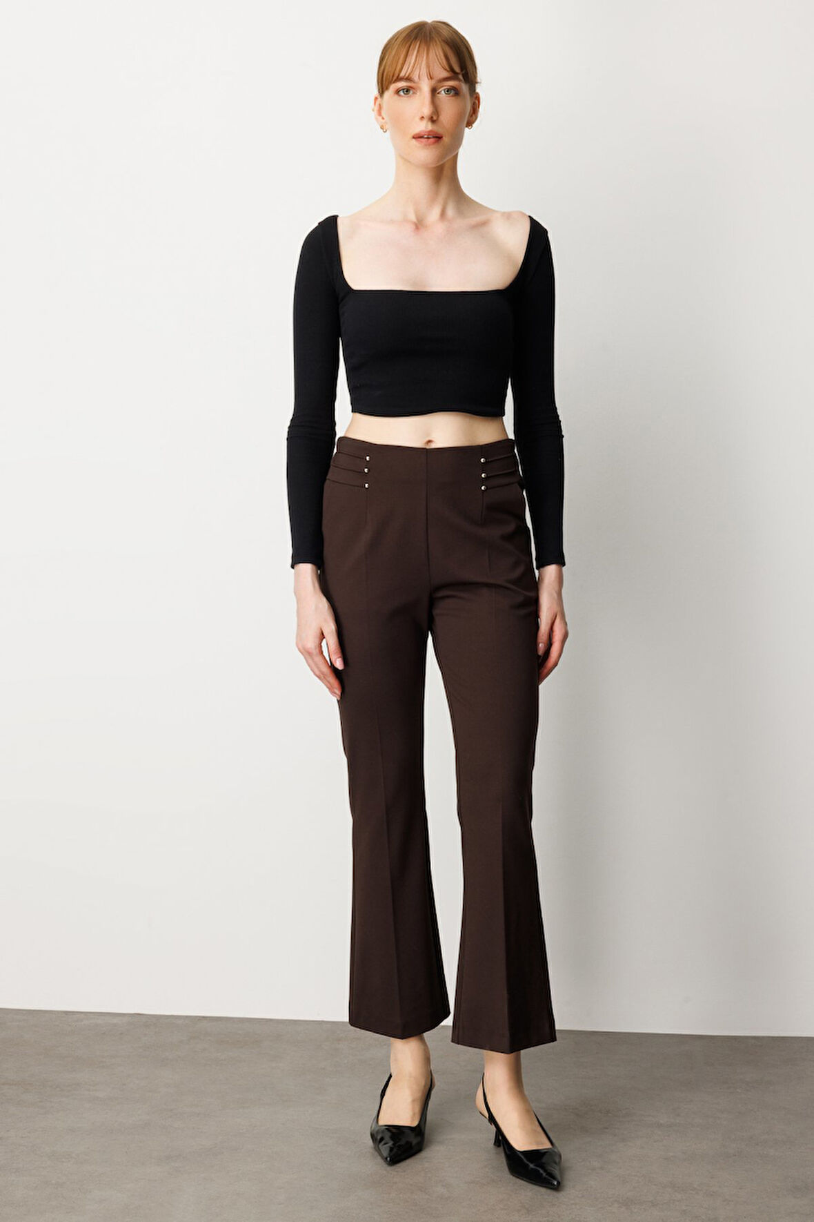 Ekol Kadın Boncuk Detaylı İspanyol Paça Pantolon 1083 Kahverengi