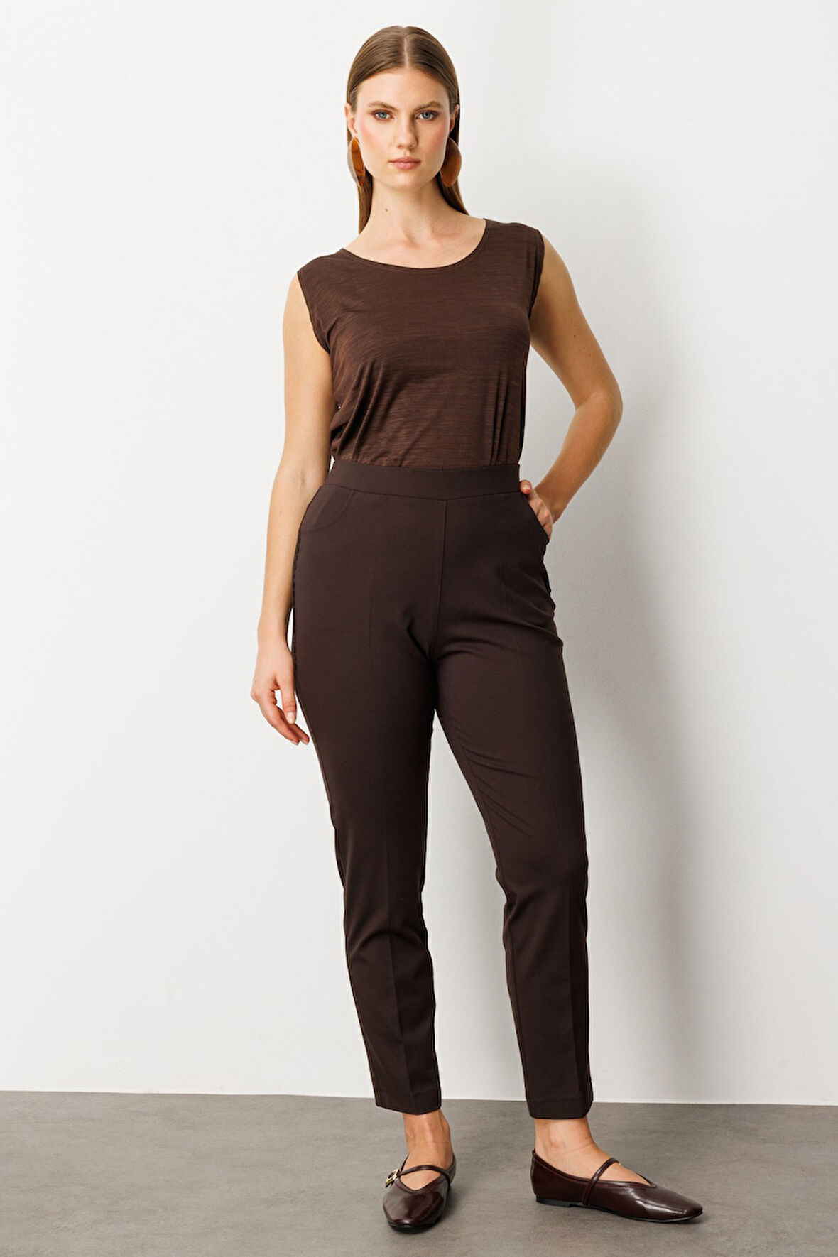 Ekol Kadın Büyük Beden Dantel Süslemeli Dar Paça Pantolon 1087 Kahverengi