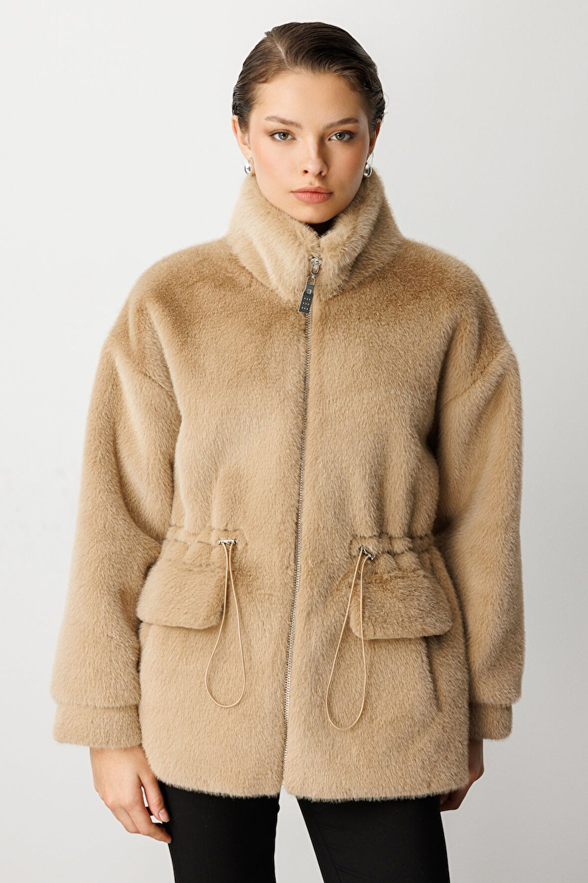 Ekol Kadın Dik Yaka Peluş Mont 6103 Vizon