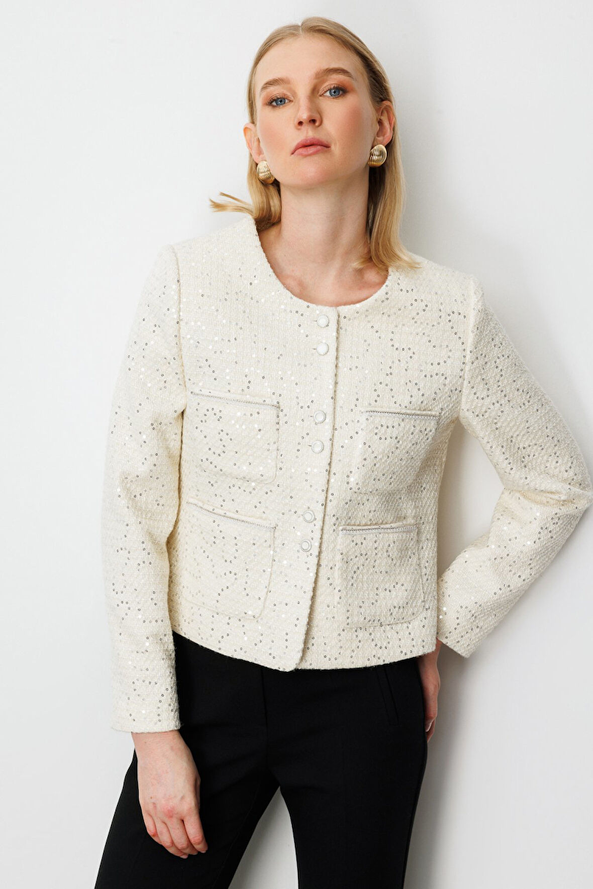 Ekol Kadın Pullu Şanel Ceket 5041 Ekru