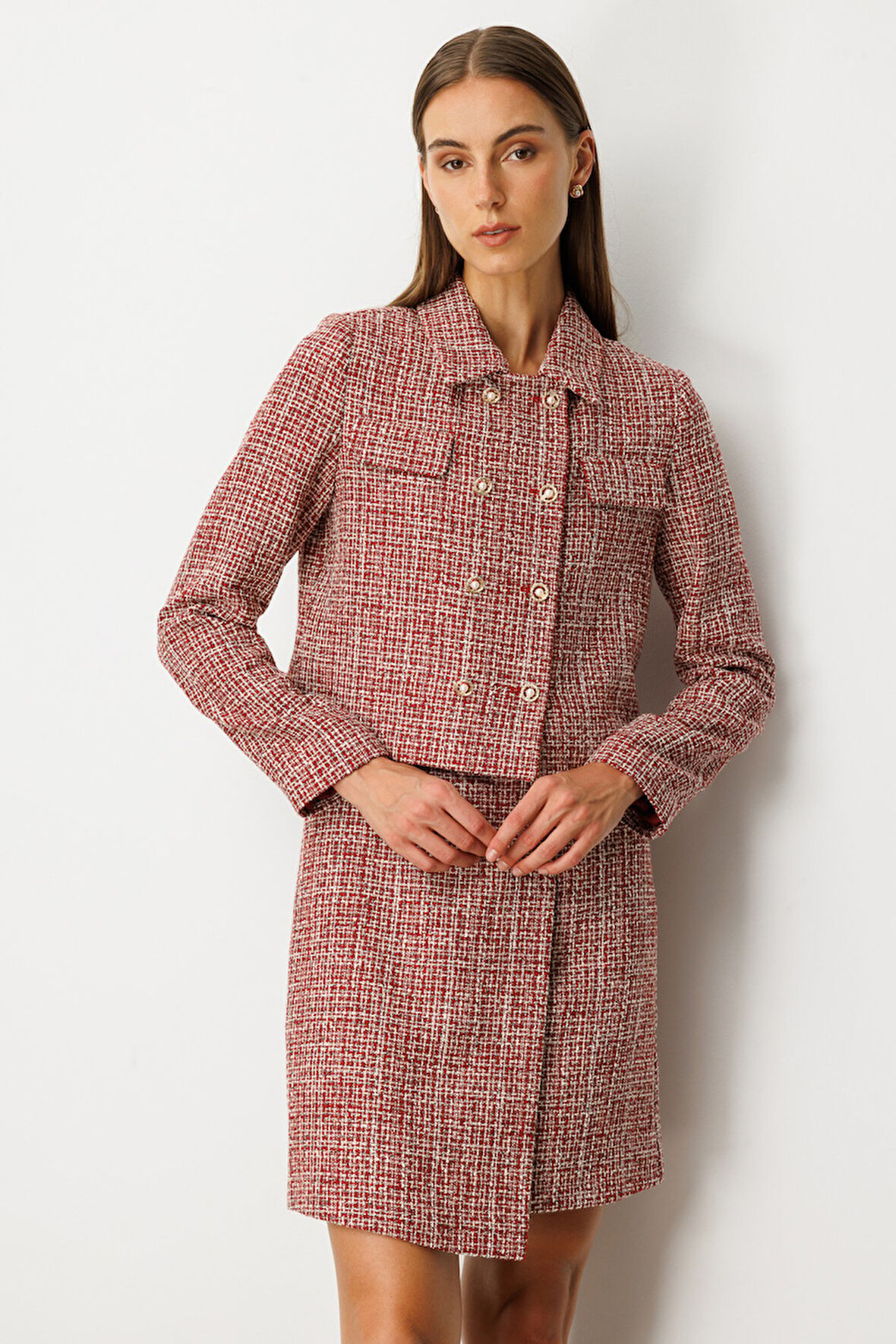 Ekol Kadın Düğmeli Tüvit Ceket 5045 Kırmızı