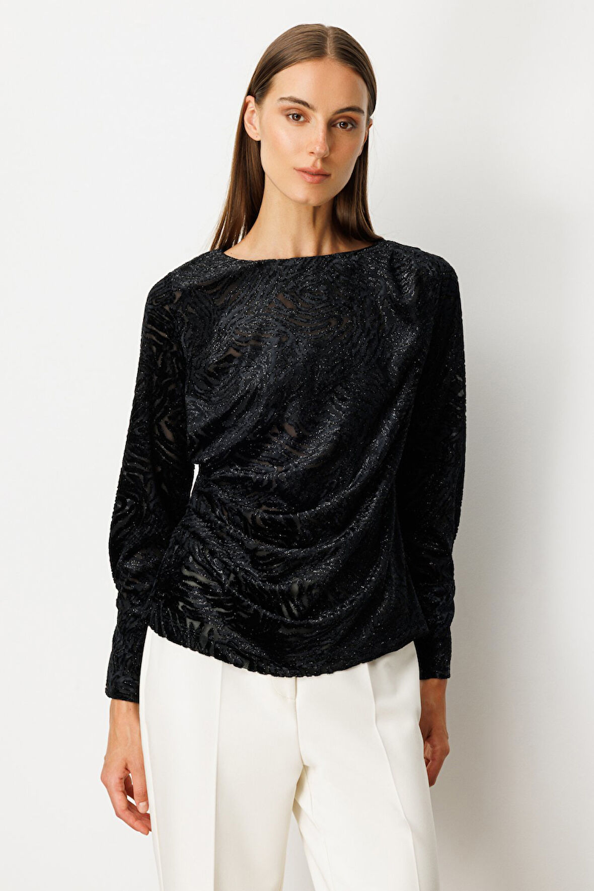 Ekol Kadın Büzgülü Kadife Bluz 3001 Siyah