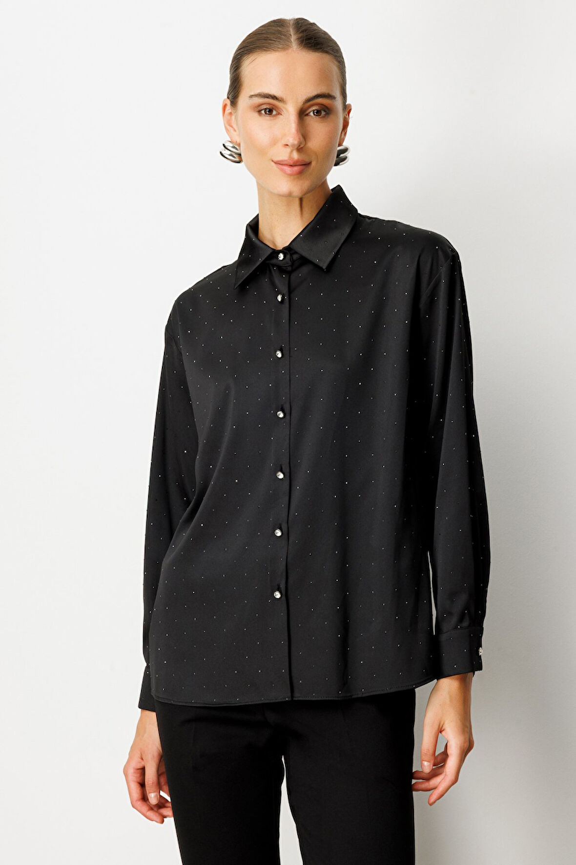 Ekol Kadın Taşlı Saten Gömlek 3003 Siyah