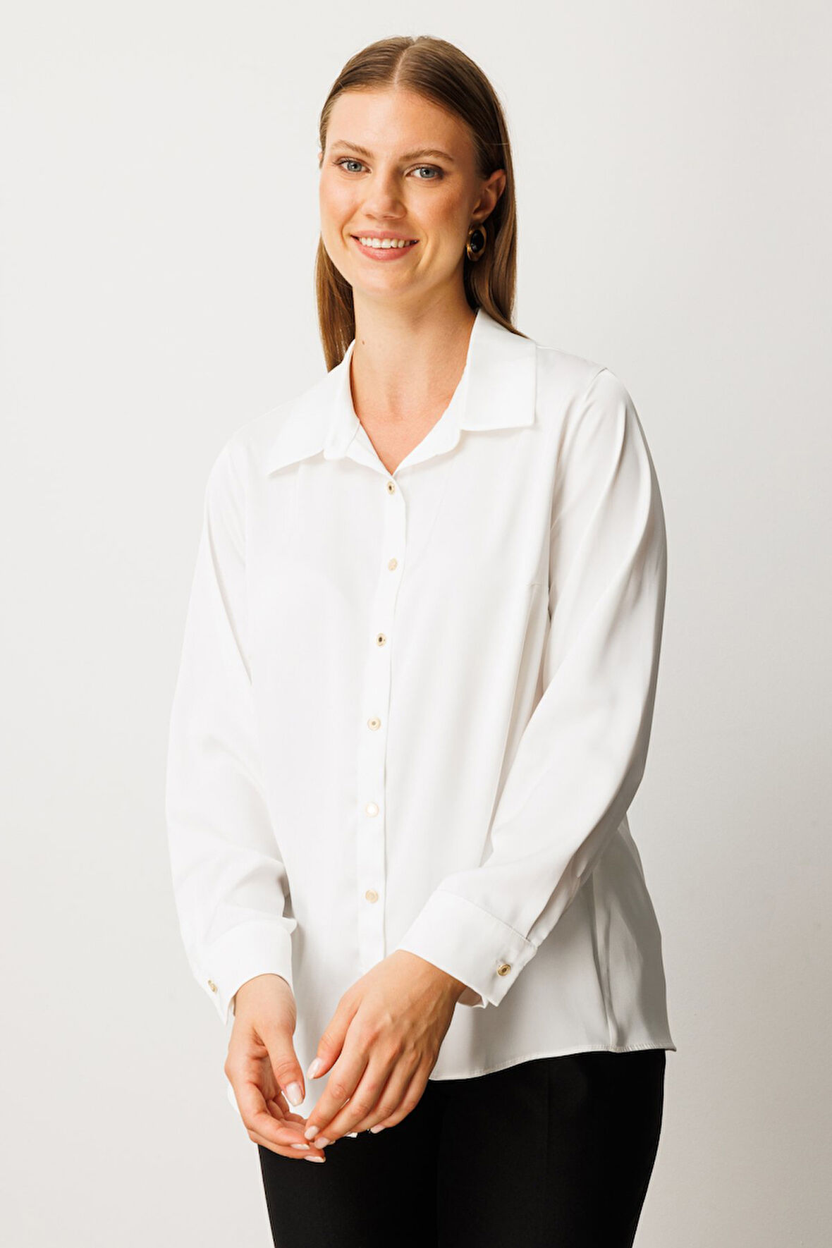 Ekol Kadın Büyük Beden Düğmeli Saten Gömlek 3505 Ekru