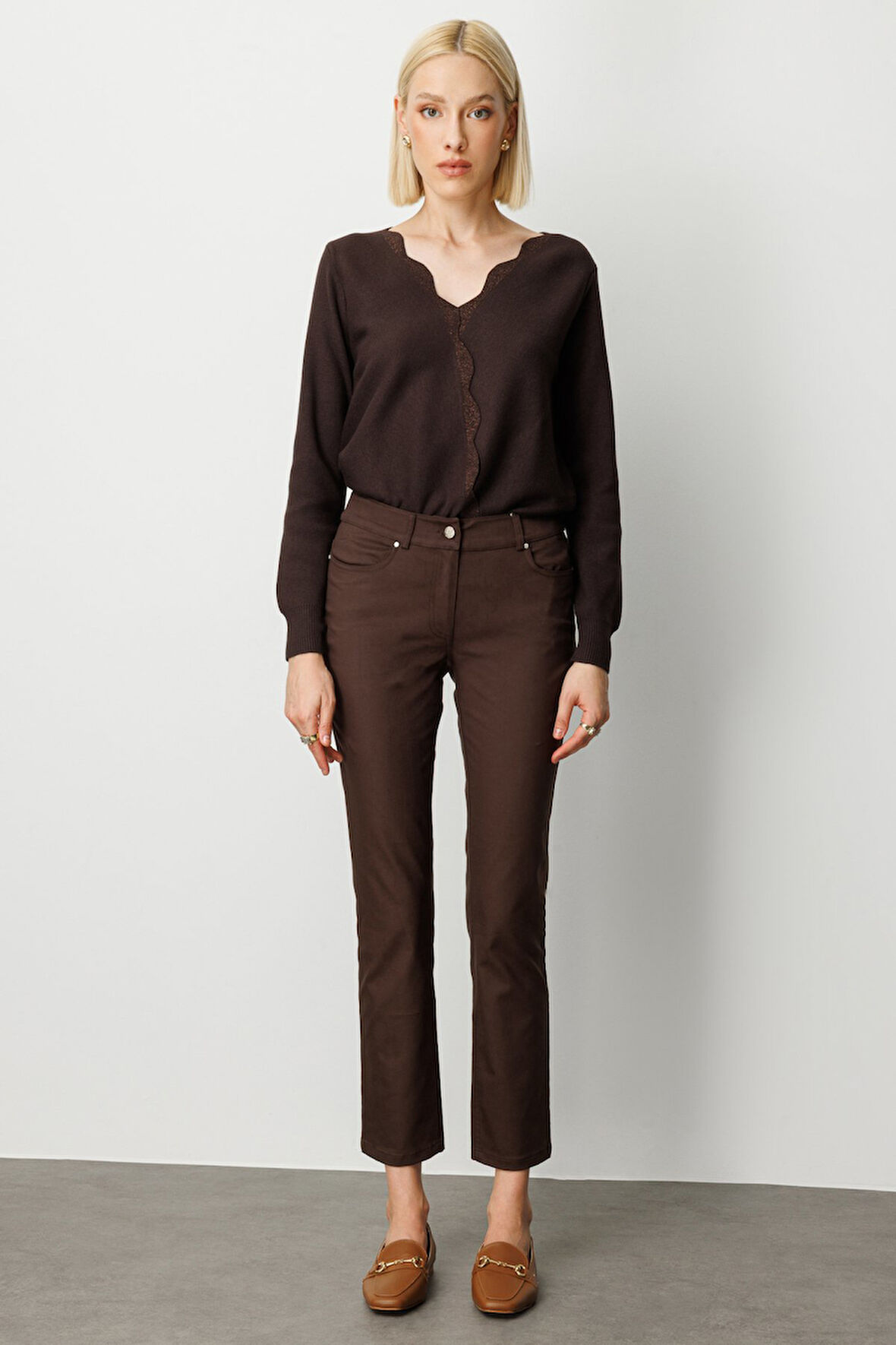 Ekol Kadın Yüksek Bel Dar Paça Pantolon 1061 Kahverengi