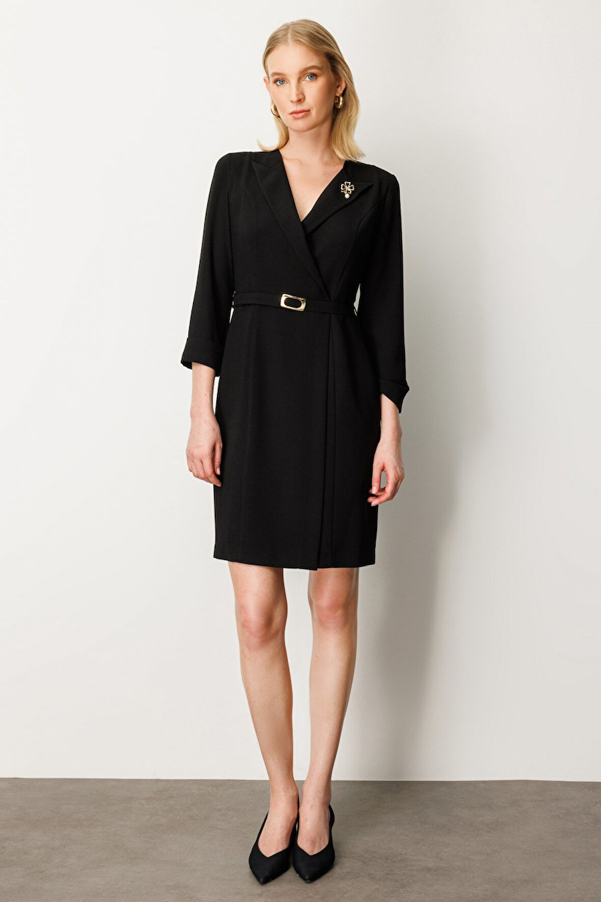 Ekol Kadın Yakası Broşlu Beli Kuşaklı Midi Elbise 4013 Siyah