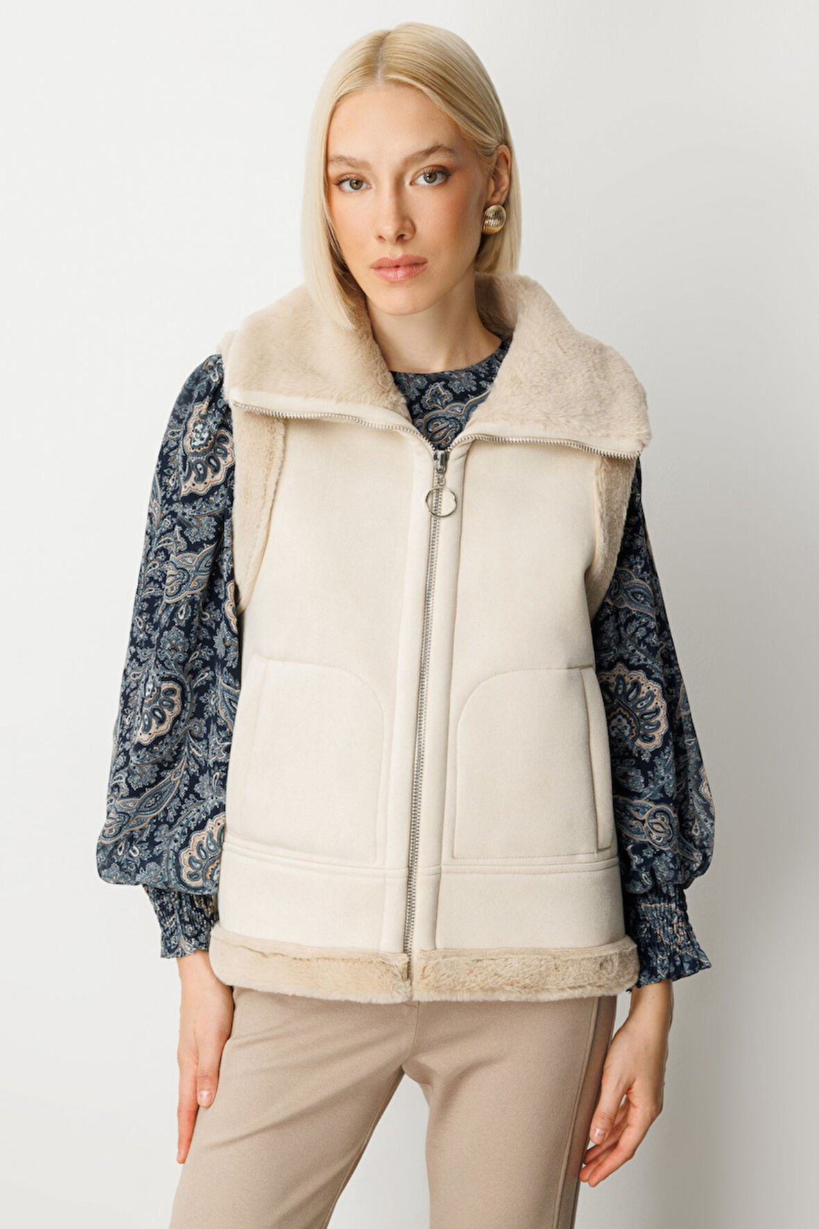 Ekol Kadın İçi Peluşlu Güderi Yelek 8501 Kum