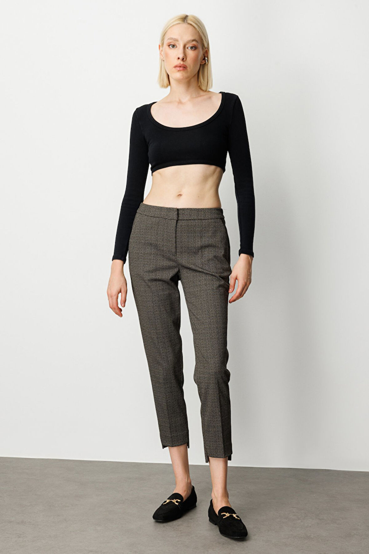 Ekol Kadın Desenli Dar Paça Pantolon 1067 Kahverengi