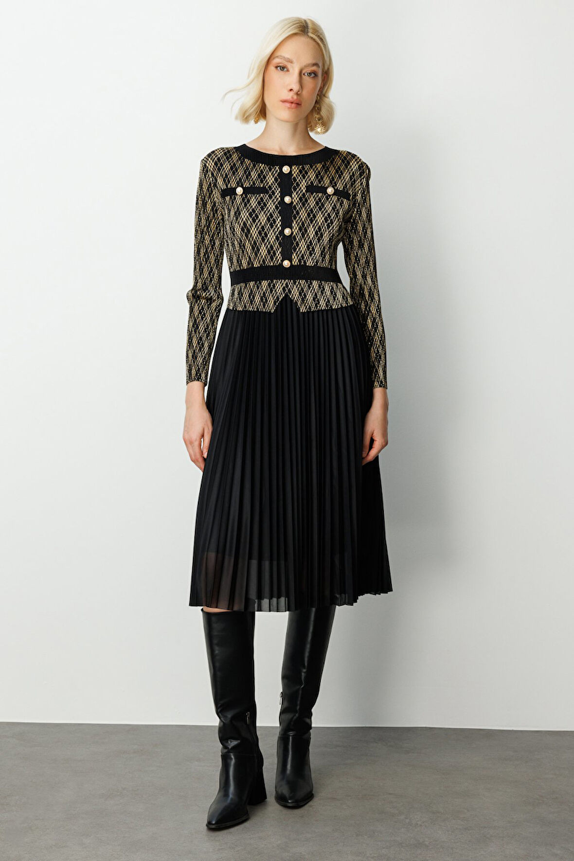 Ekol Kadın Akordiyon Kumaş Süs Düğmeli Elbise 4909 Siyah