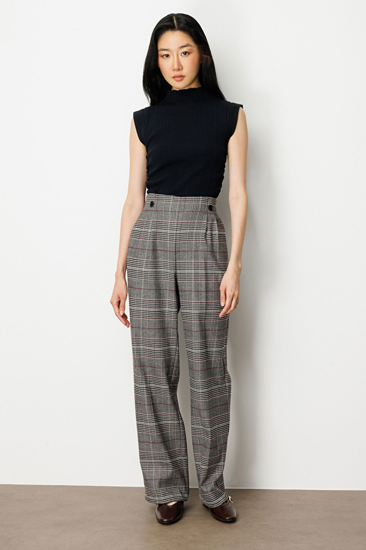 Ekol Kadın Beli Lastikli Ekoseli Pantolon 5077 Siyah