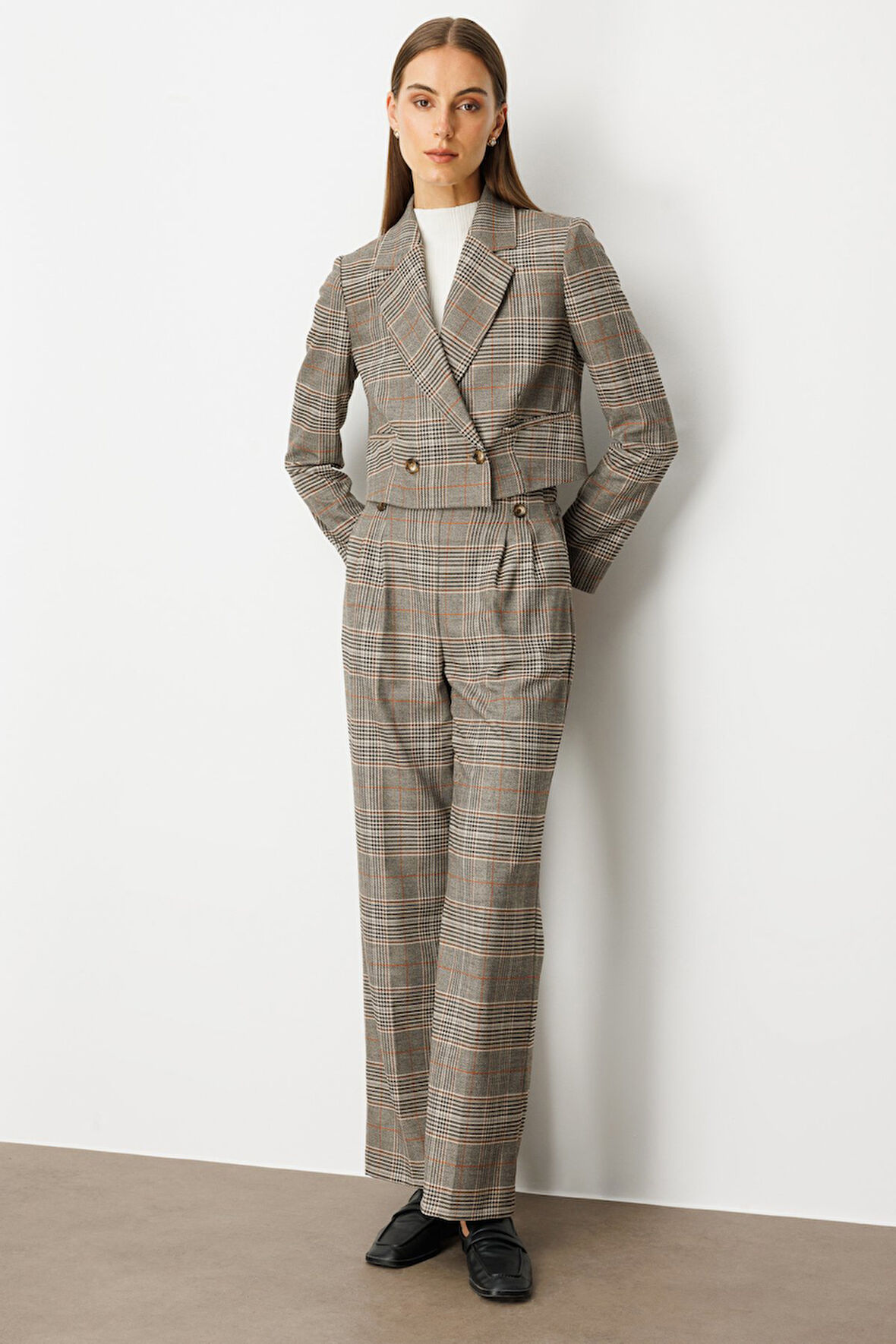 Ekol Kadın Beli Lastikli Ekoseli Pantolon 5077 Vizon