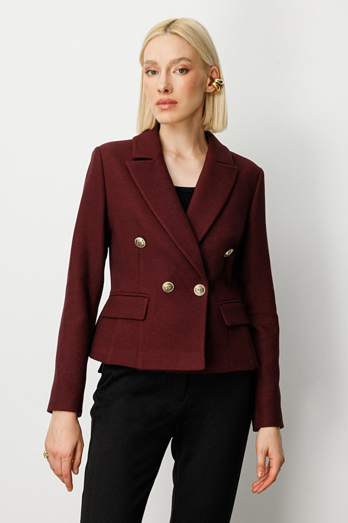 Ekol Kadın Kruvaze Yaka Kaşe Ceket 5073 Bordo
