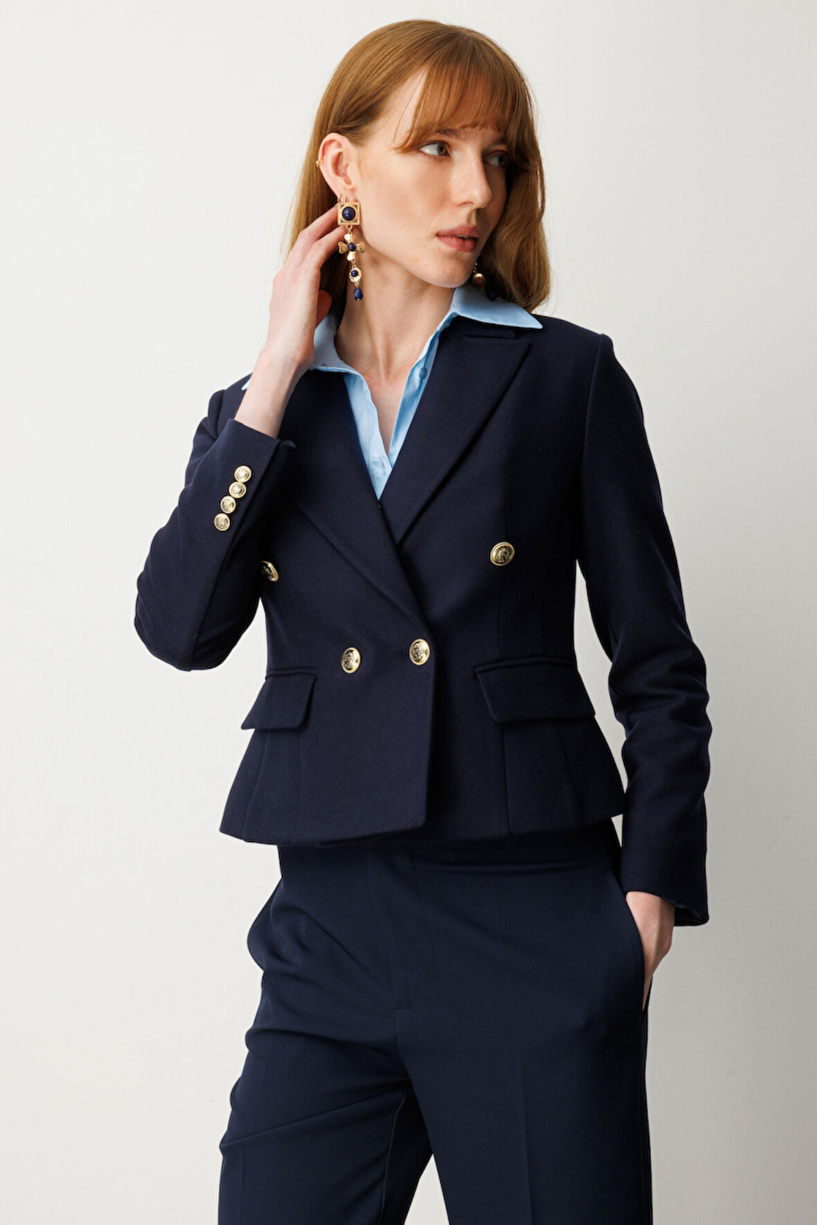 Ekol Kadın Kruvaze Yaka Kaşe Ceket 5073 Lacivert