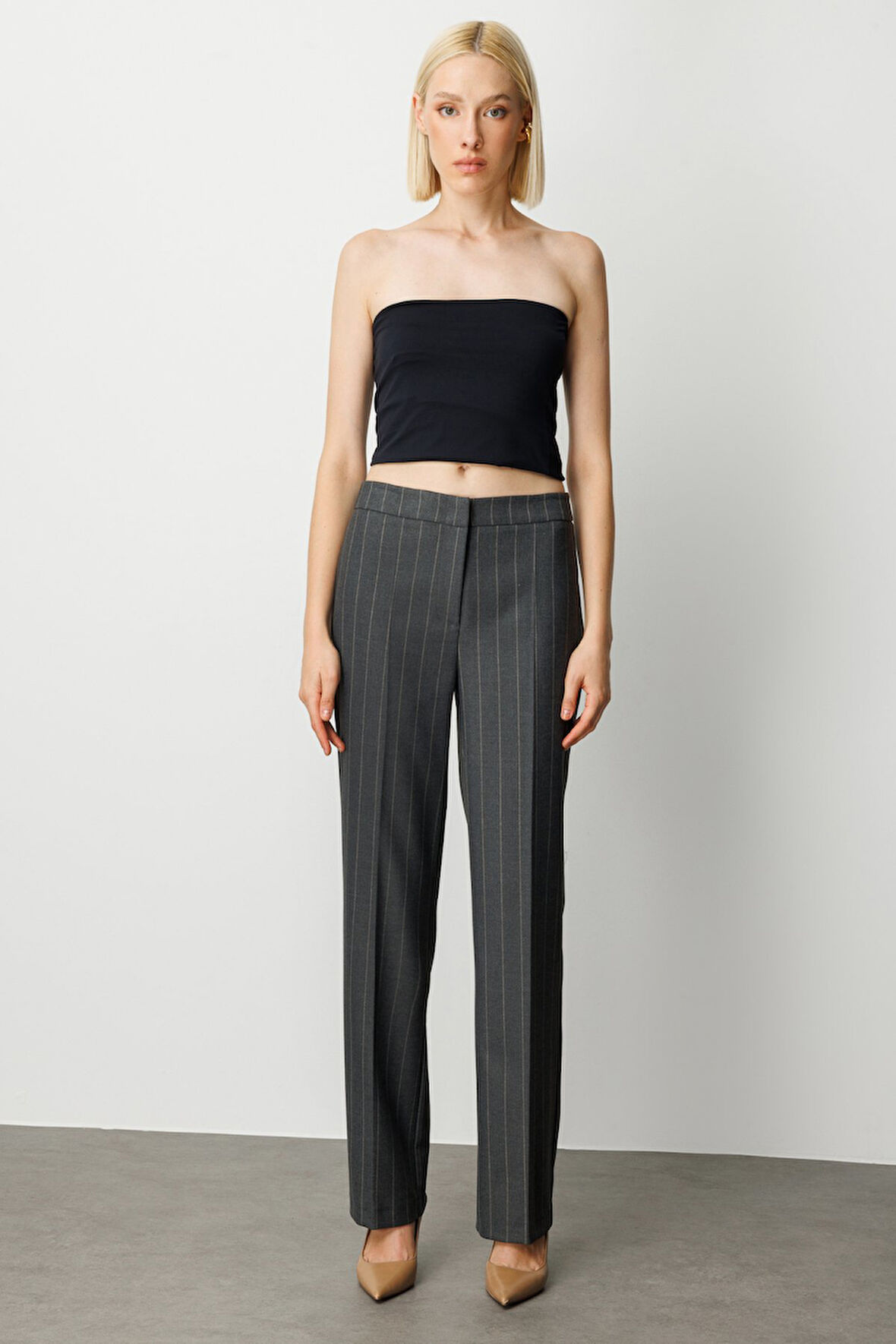 Ekol Kadın Çizgili Bol Paça Pantolon 5129 Antrasit