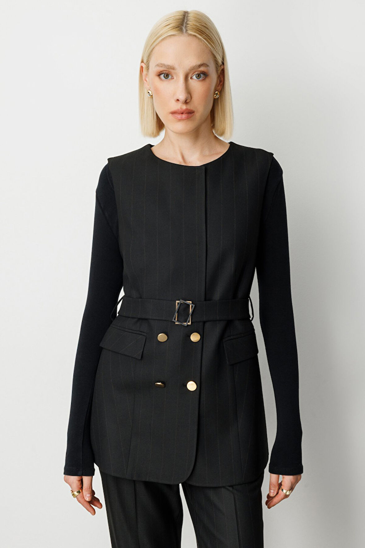 Ekol Kadın Çizgili Beli Kemerli Yelek 5131 Siyah