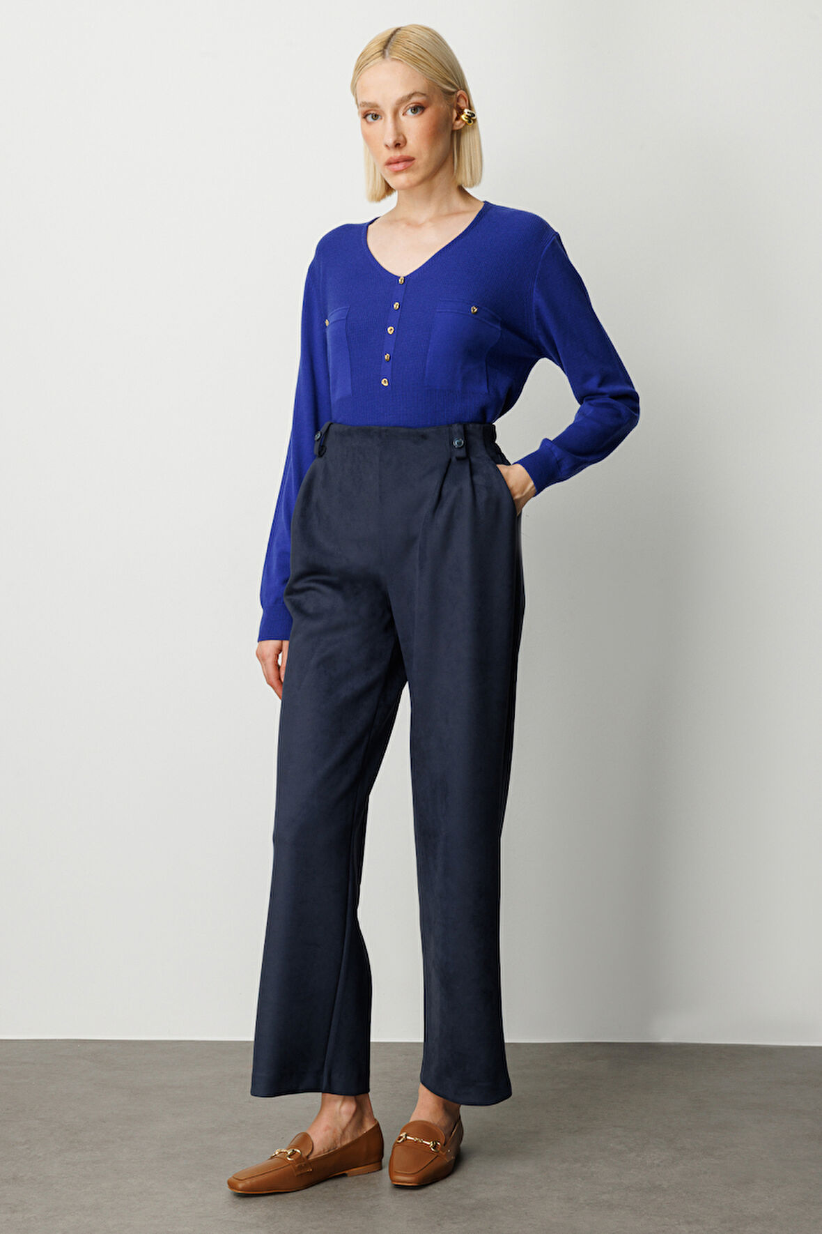 Ekol Kadın Beli Lastikli Güderi Pantolon 5067 Lacivert