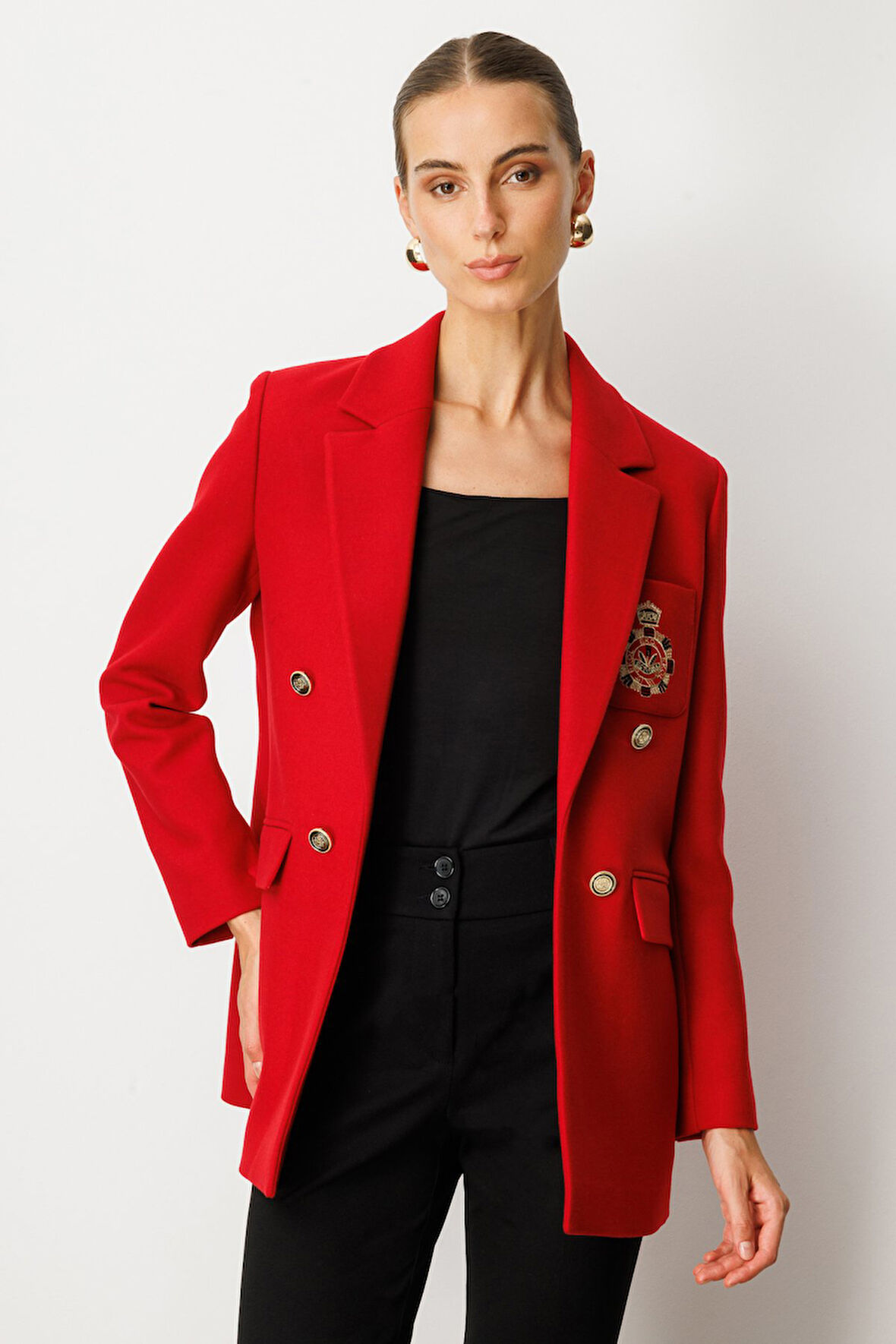 Ekol Kadın Önü Armalı Kapak Cepli Kaşe Ceket 5071 Kırmızı