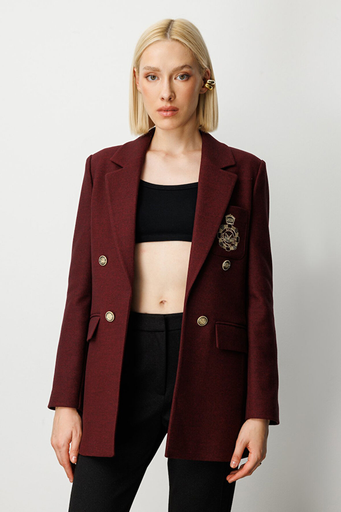 Ekol Kadın Önü Armalı Kapak Cepli Kaşe Ceket 5071 Bordo