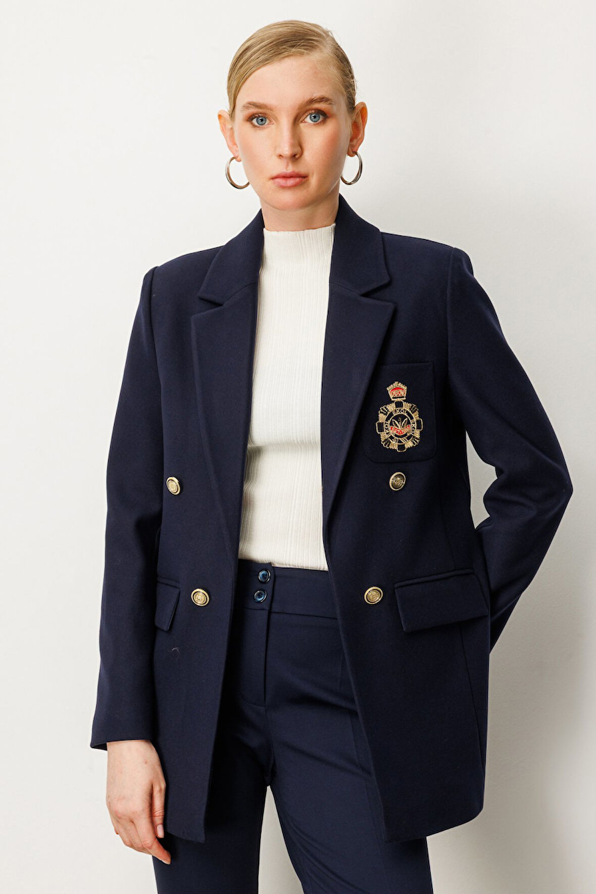 Ekol Kadın Önü Armalı Kapak Cepli Kaşe Ceket 5071 Lacivert