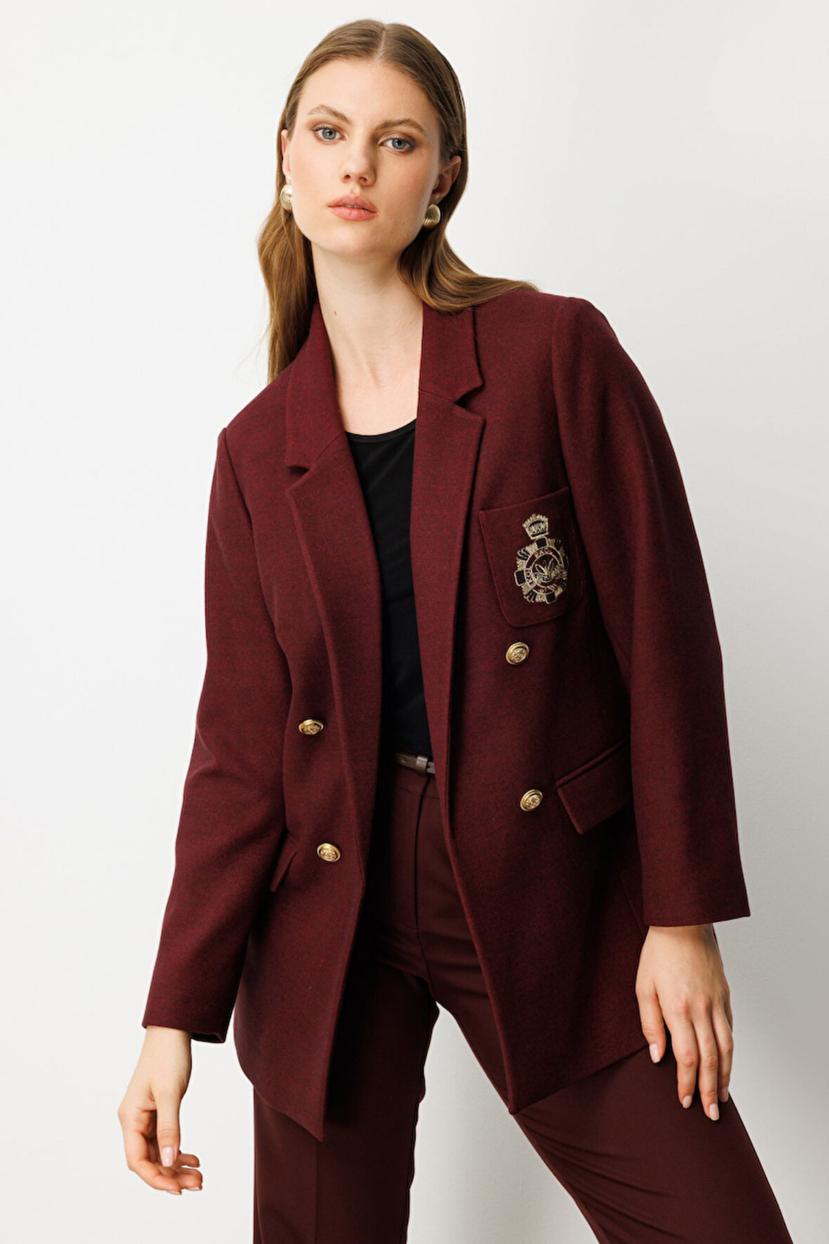 Ekol Kadın Büyük Beden Cebi Armalı Ceket 5571 Bordo