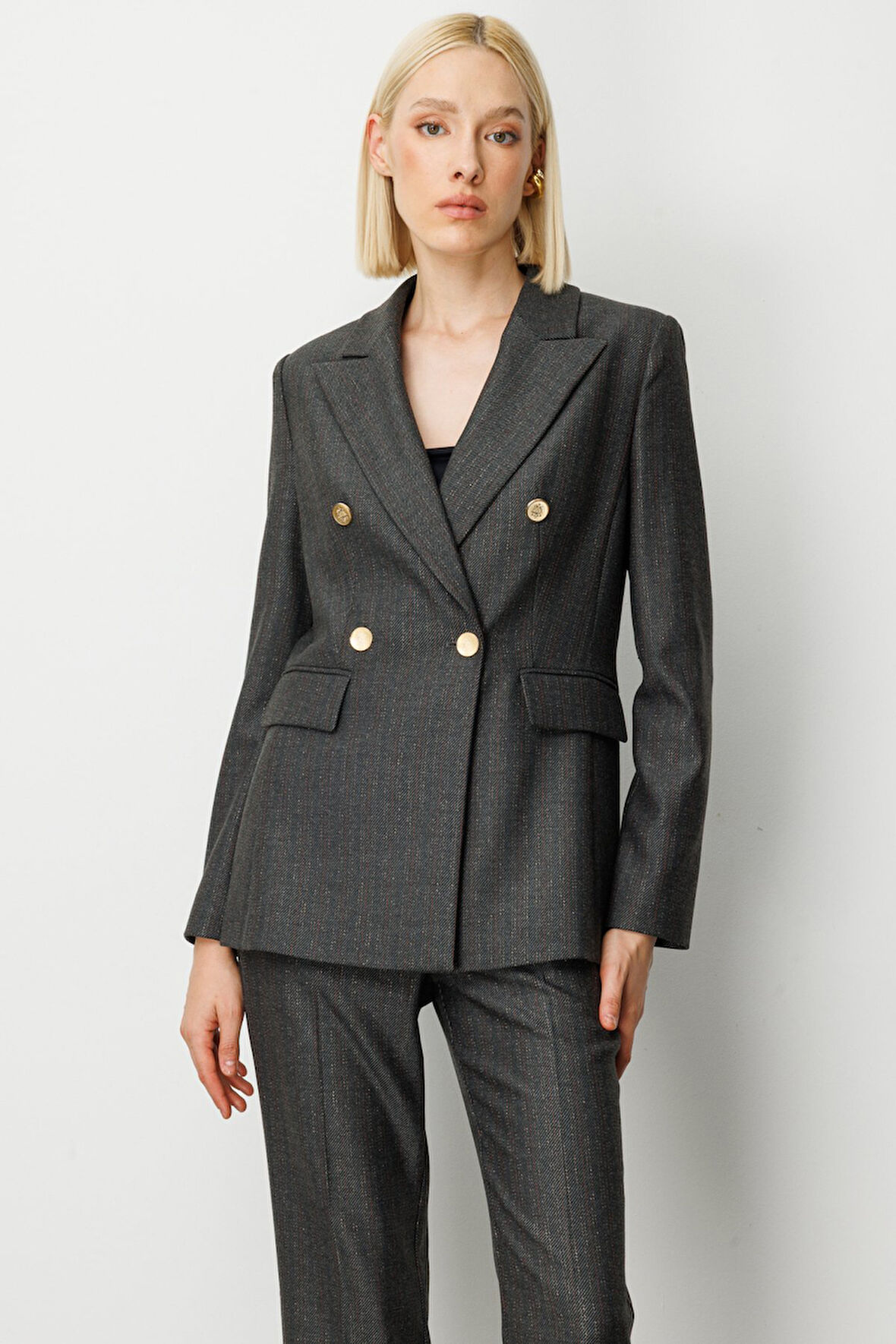 Ekol Kadın Kruvaze Yaka Çizgi Desenli Ceket 5107 Siyah