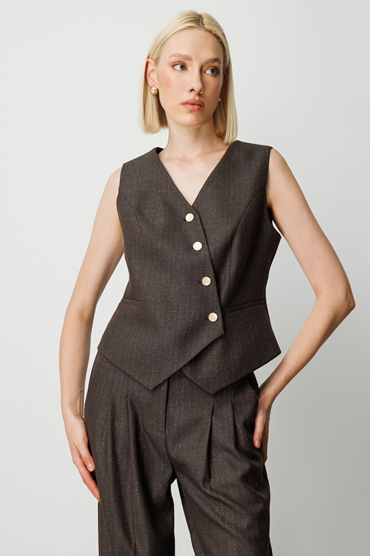 Ekol Kadın Çizgi Desenli V Yaka Yelek 5109 Kahverengi