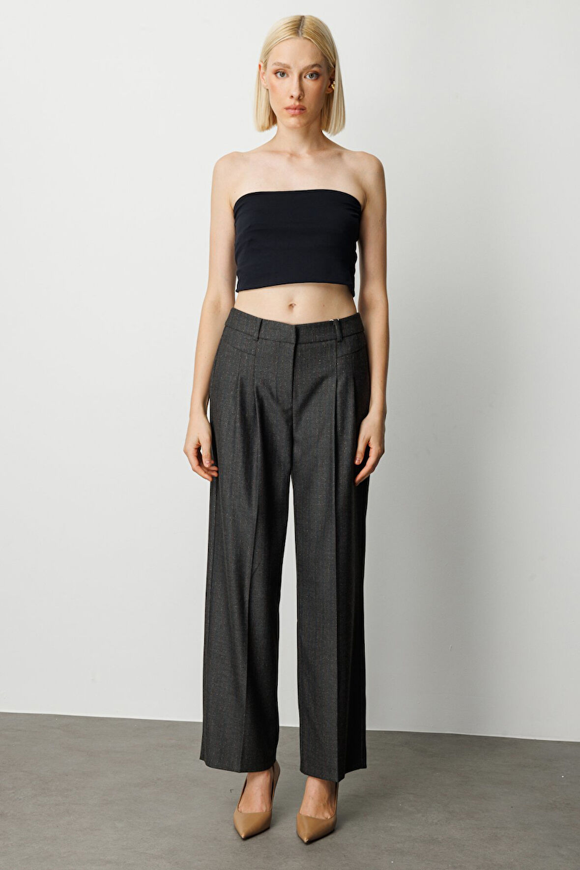 Ekol Kadın Çizgi Desenli Wide Leg Pantolon 5111 Siyah