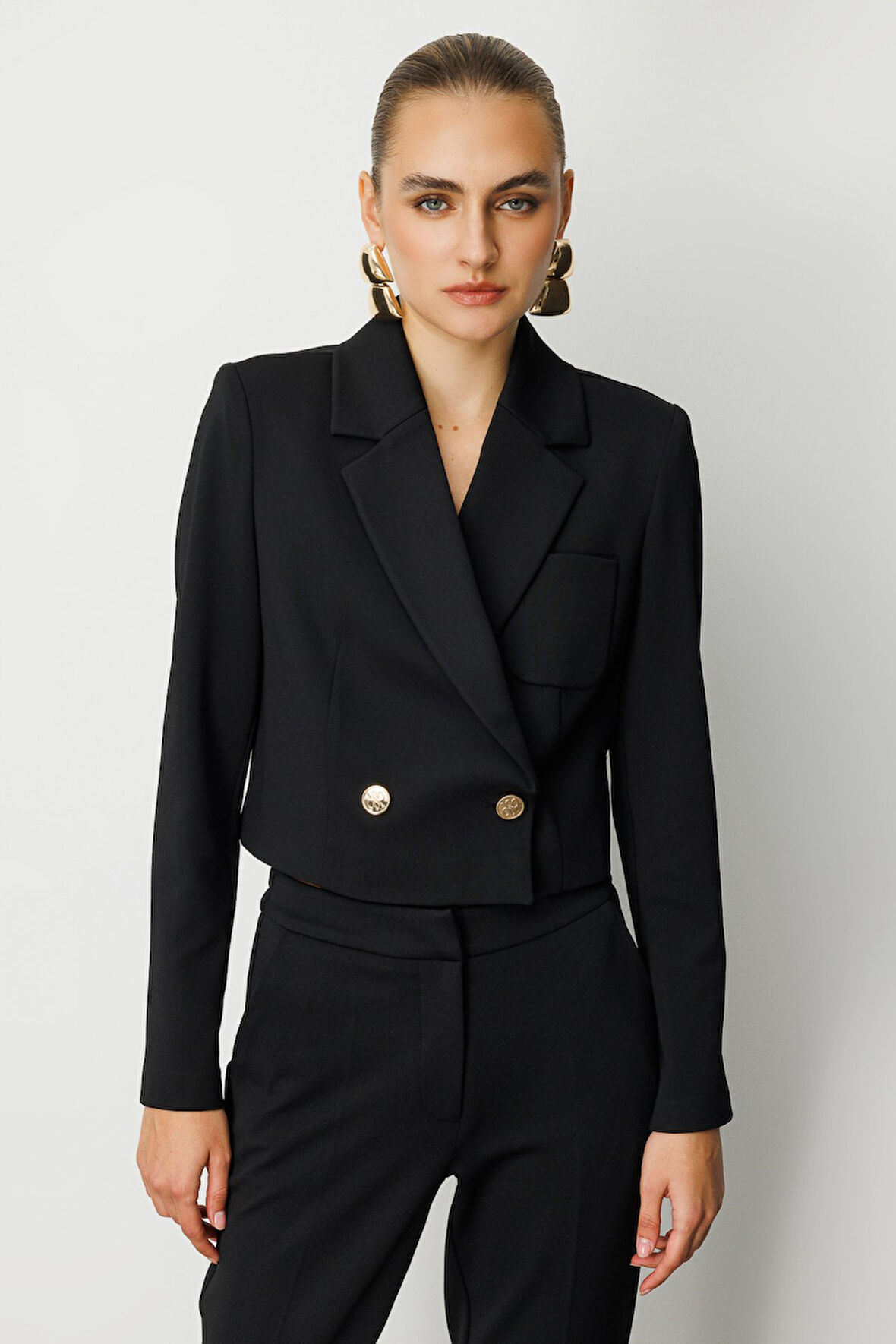 Ekol Kadın Kruvaze Yaka Crop Ceket 5029 Siyah