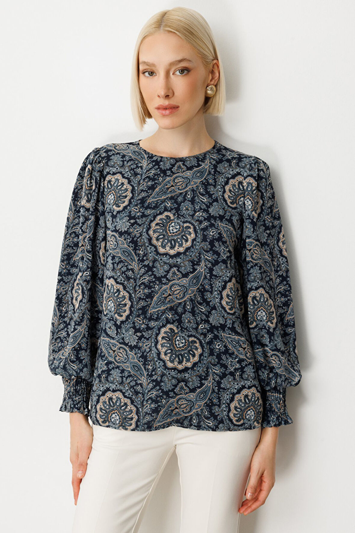Ekol Kadın Desenli Balon Kol Bluz 3017 Lacivert