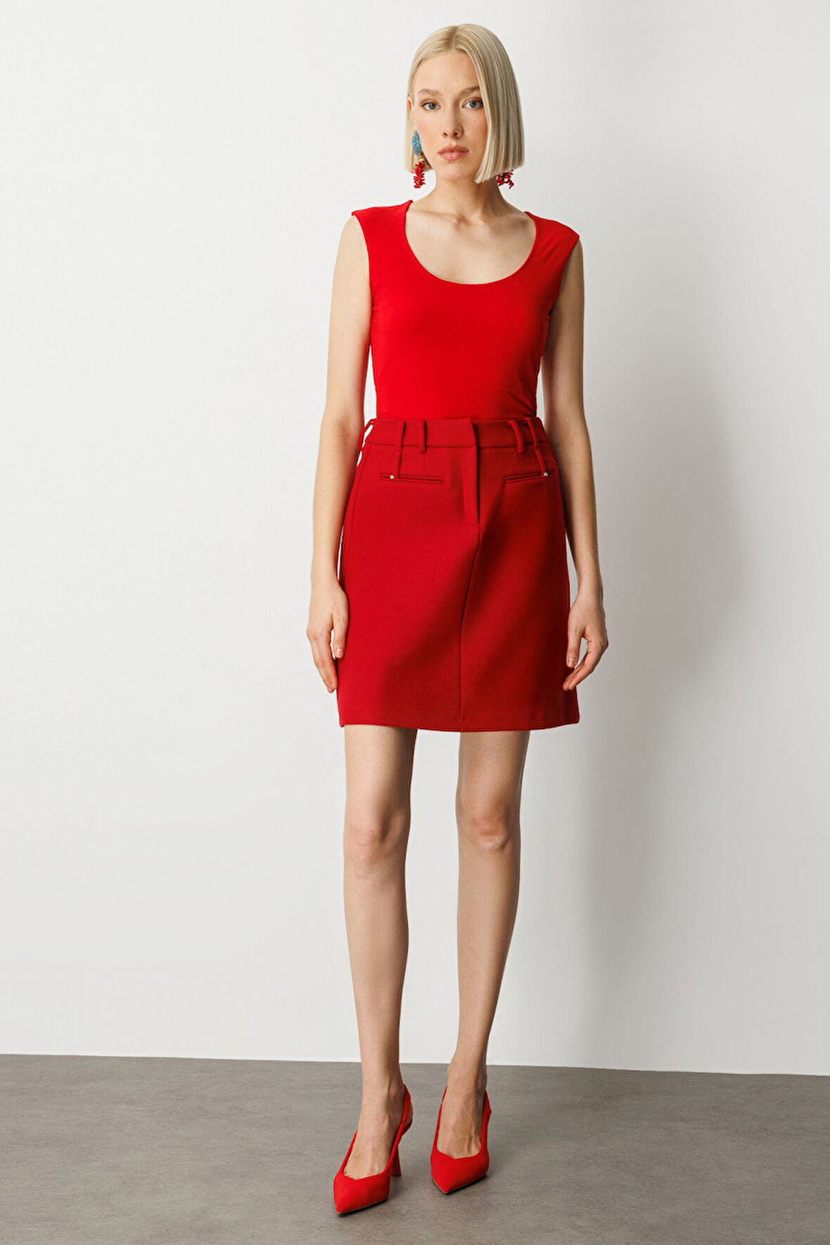 Ekol Kadın Aksesuar Detaylı Mini Kaşe Etek 2003 Kırmızı