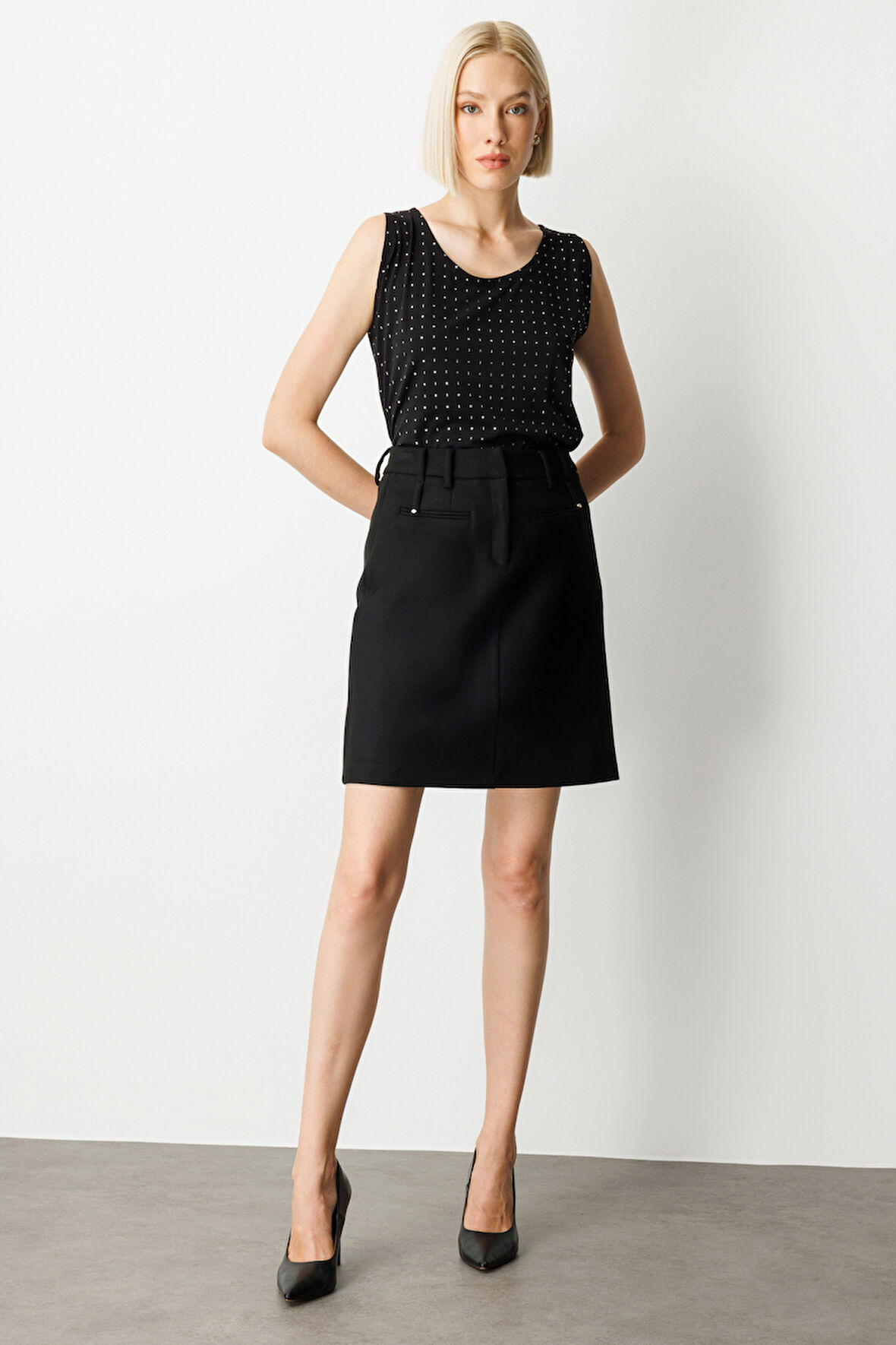 Ekol Kadın Aksesuar Detaylı Mini Kaşe Etek 2003 Siyah