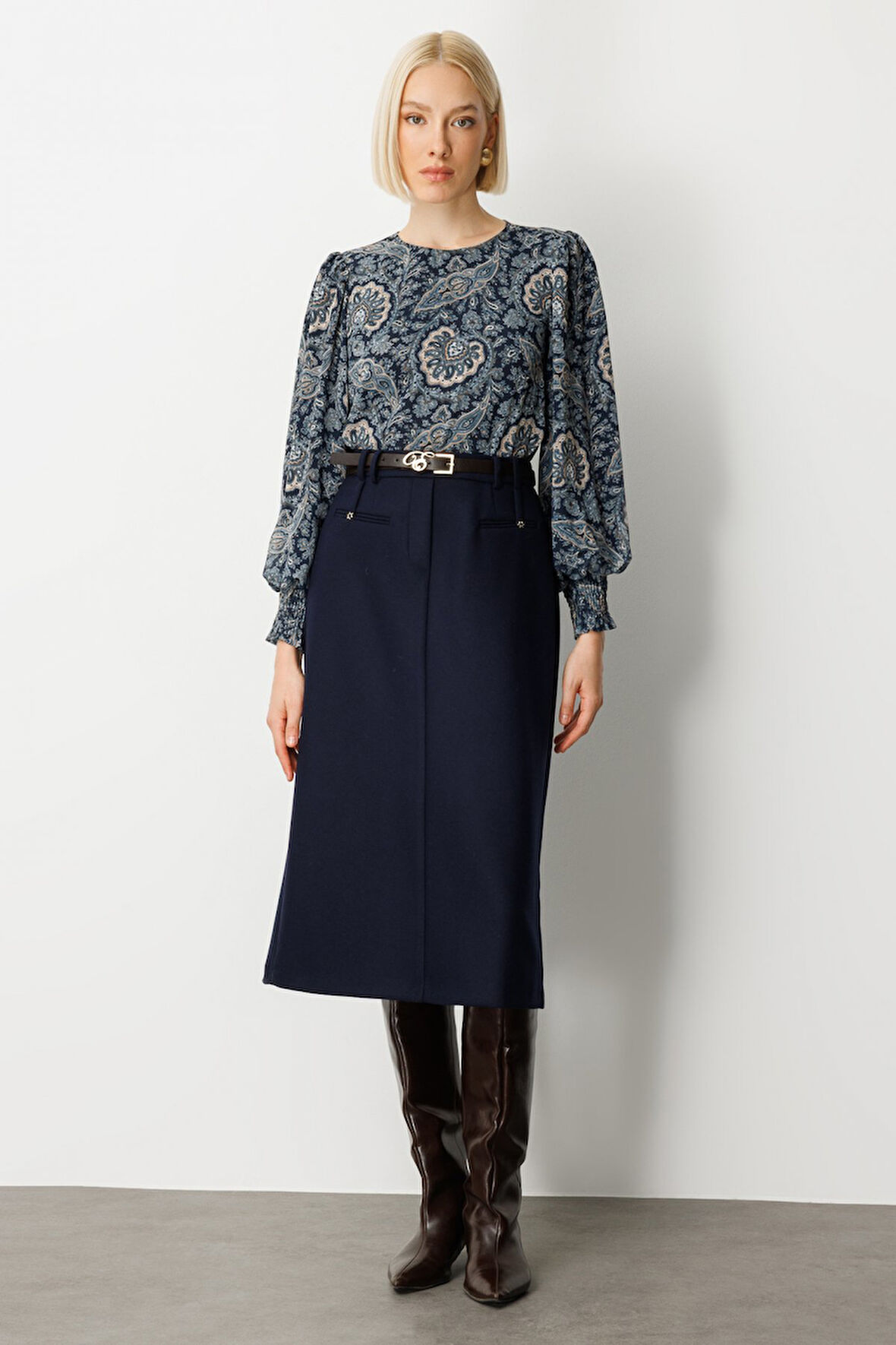 Ekol Kadın Beli Kemerli Yırtmaçlı Midi Etek 2009 Lacivert