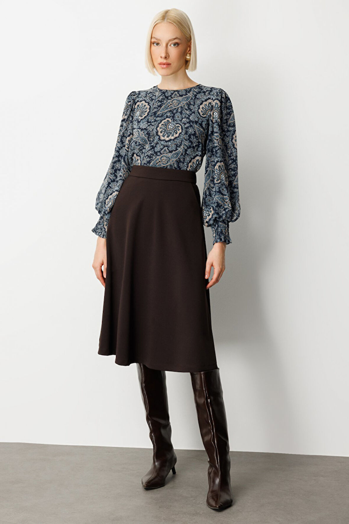 Ekol Kadın Beli Lastikli Volanlı Midi Etek 2023 Kahverengi