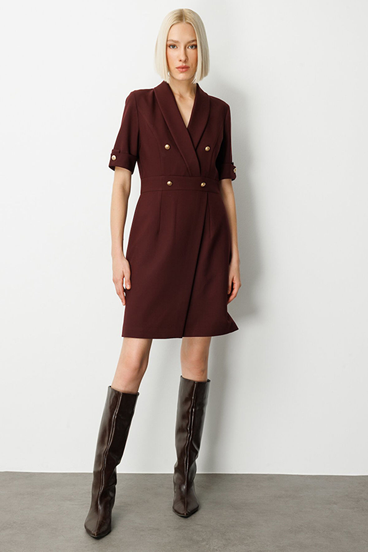 Ekol Kadın Kruvaze Yaka Süs Düğmeli Elbise 4017 Bordo