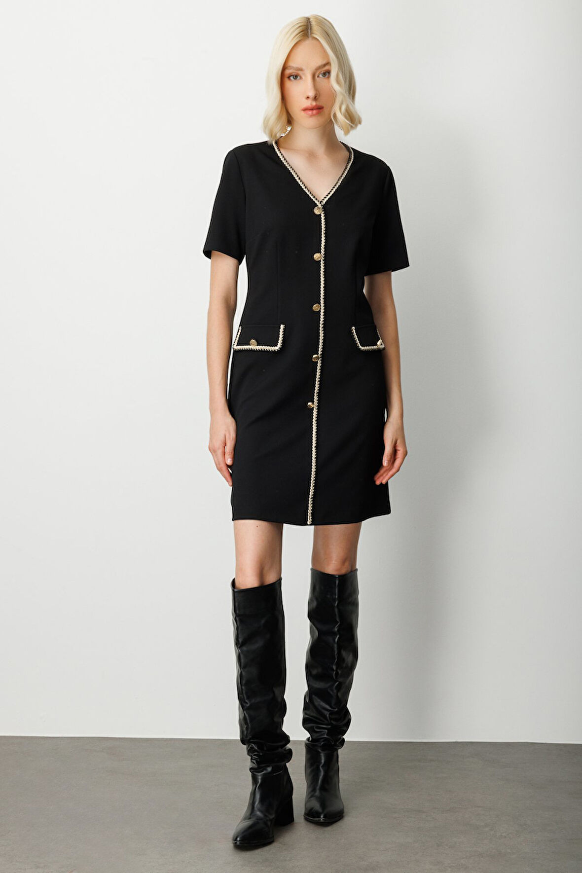 Ekol Kadın V Yaka Biyeli Midi Elbise 4021 Siyah