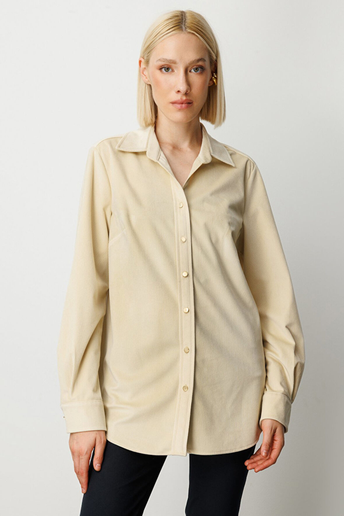 Ekol Kadın İnce Fitilli Kadife Gömlek 3045 Ekru