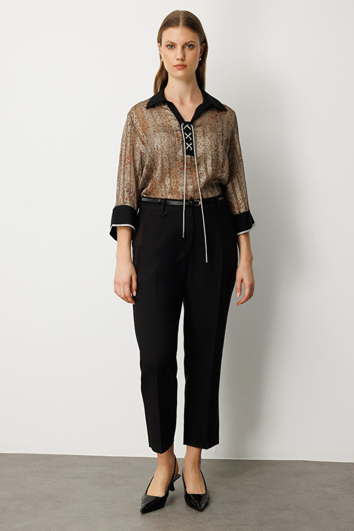 Ekol Kadın Büyük Beden Beli Kemerli Bol Paça Pantolon 1005 Siyah