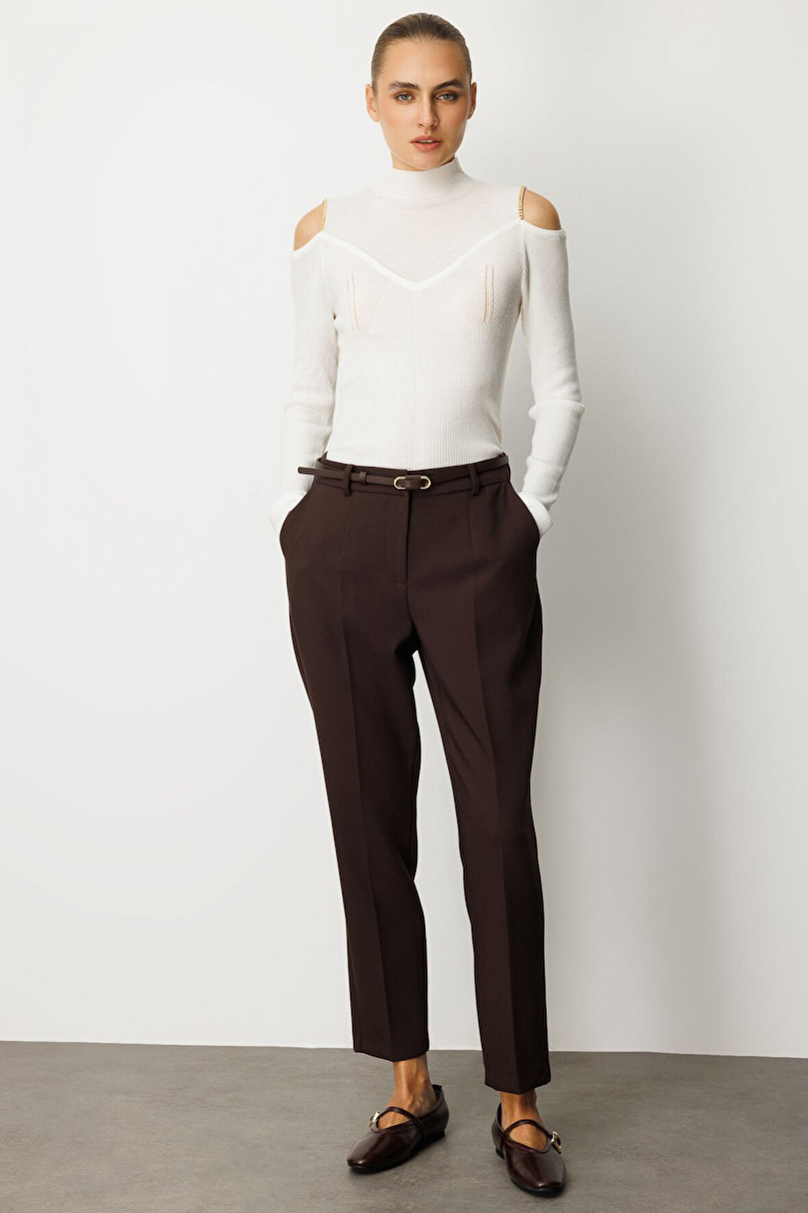 Ekol Kadın Beli Kemerli Dar Paça Pantolon 1013 Kahverengi