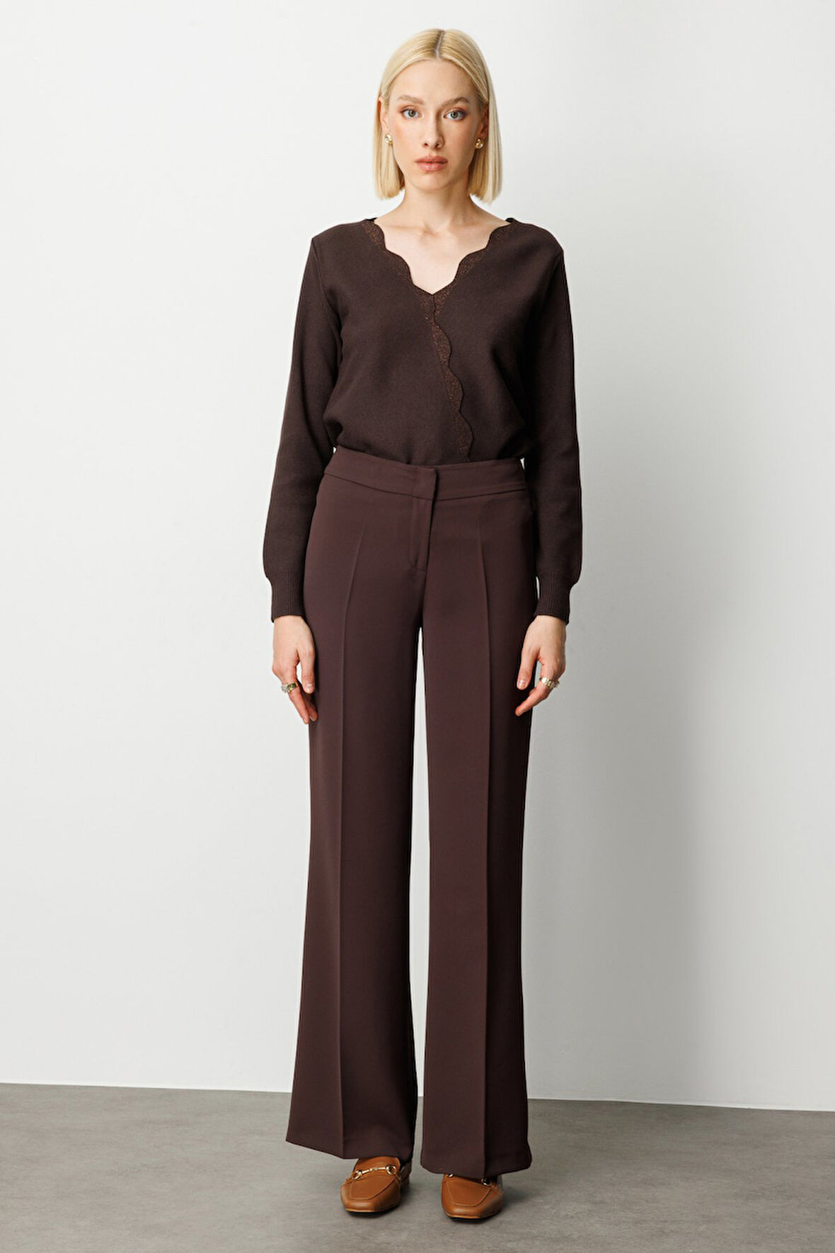 Ekol Kadın Krep Kumaş Bol Paça Pantolon 1031 Kahverengi