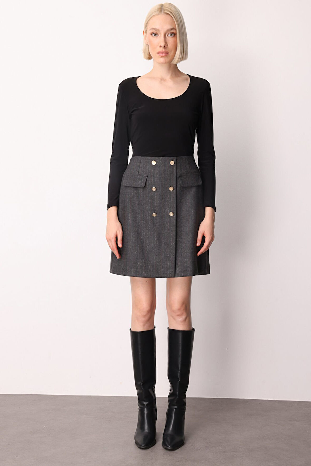 Ekol Kadın Beli Lastikli Süs Düğmeli Mini Etek 2019 Siyah