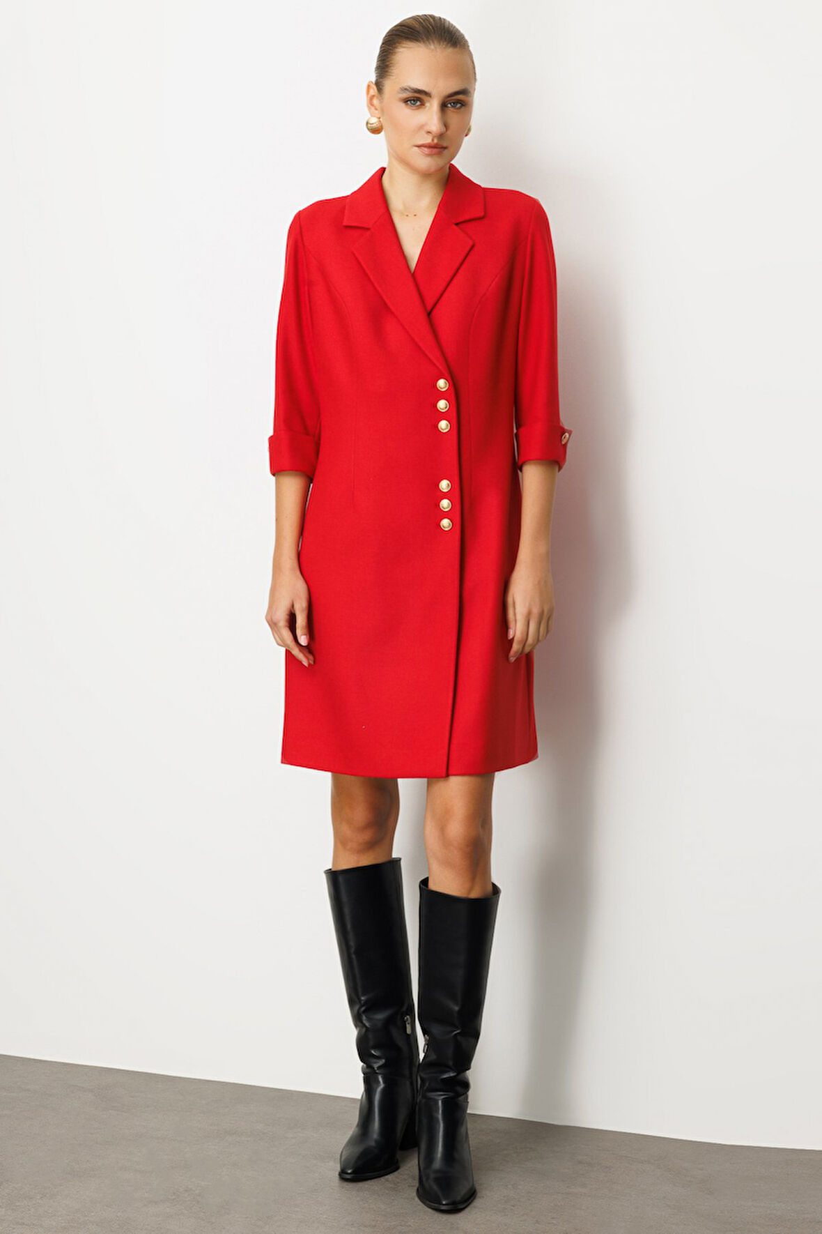 Ekol Kadın Kruvaze Yaka Düğmeli Elbise 4009 Kırmızı