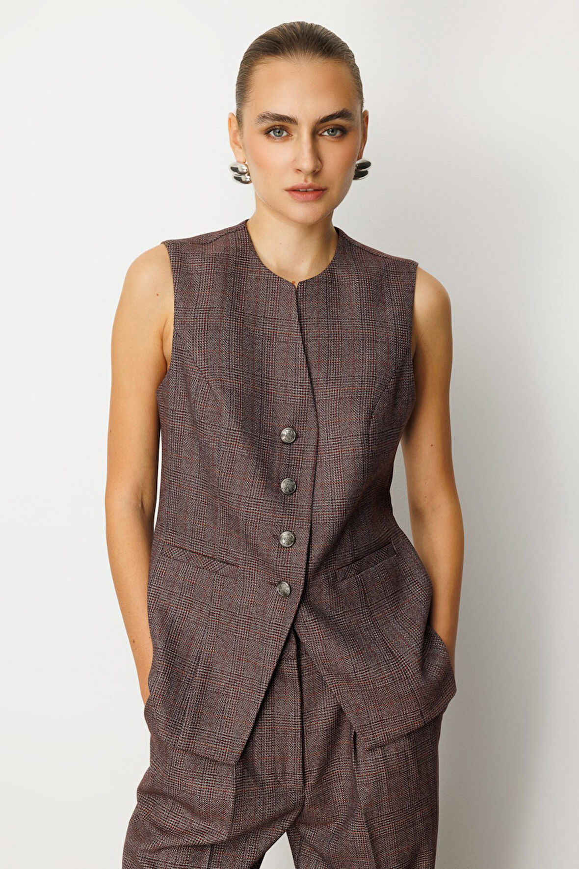 Ekol Kadın Ekoseli Fleto Cepli Yelek 5165 Bordo