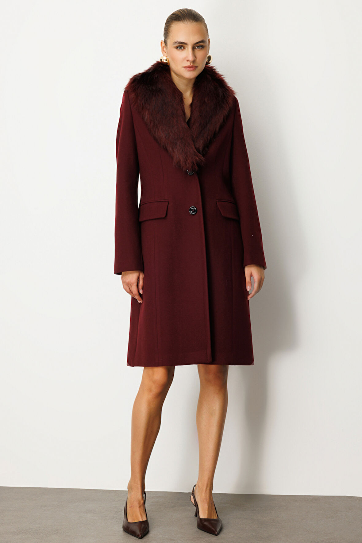 Ekol Kadın Yakası Kürklü Kapak Cepli Kaban 6065 Bordo