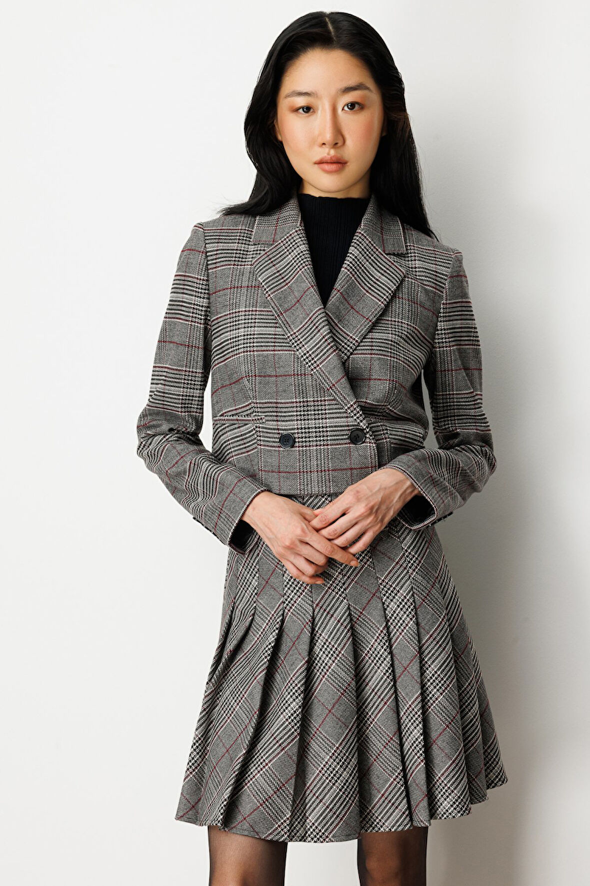 Ekol Kadın Ekoseli Crop Ceket 5075 Siyah