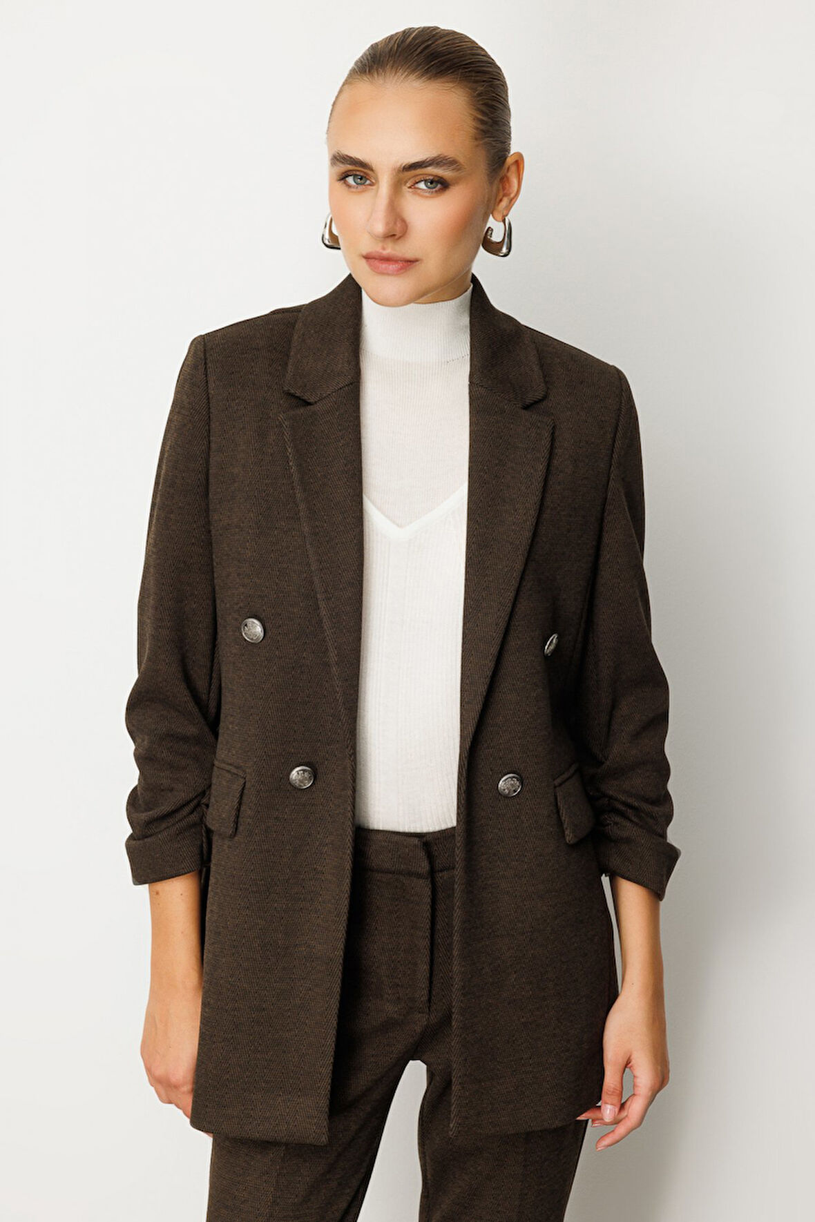 Ekol Kadın Kolu Büzgülü Kapak Cepli Ceket 5187 Kahverengi