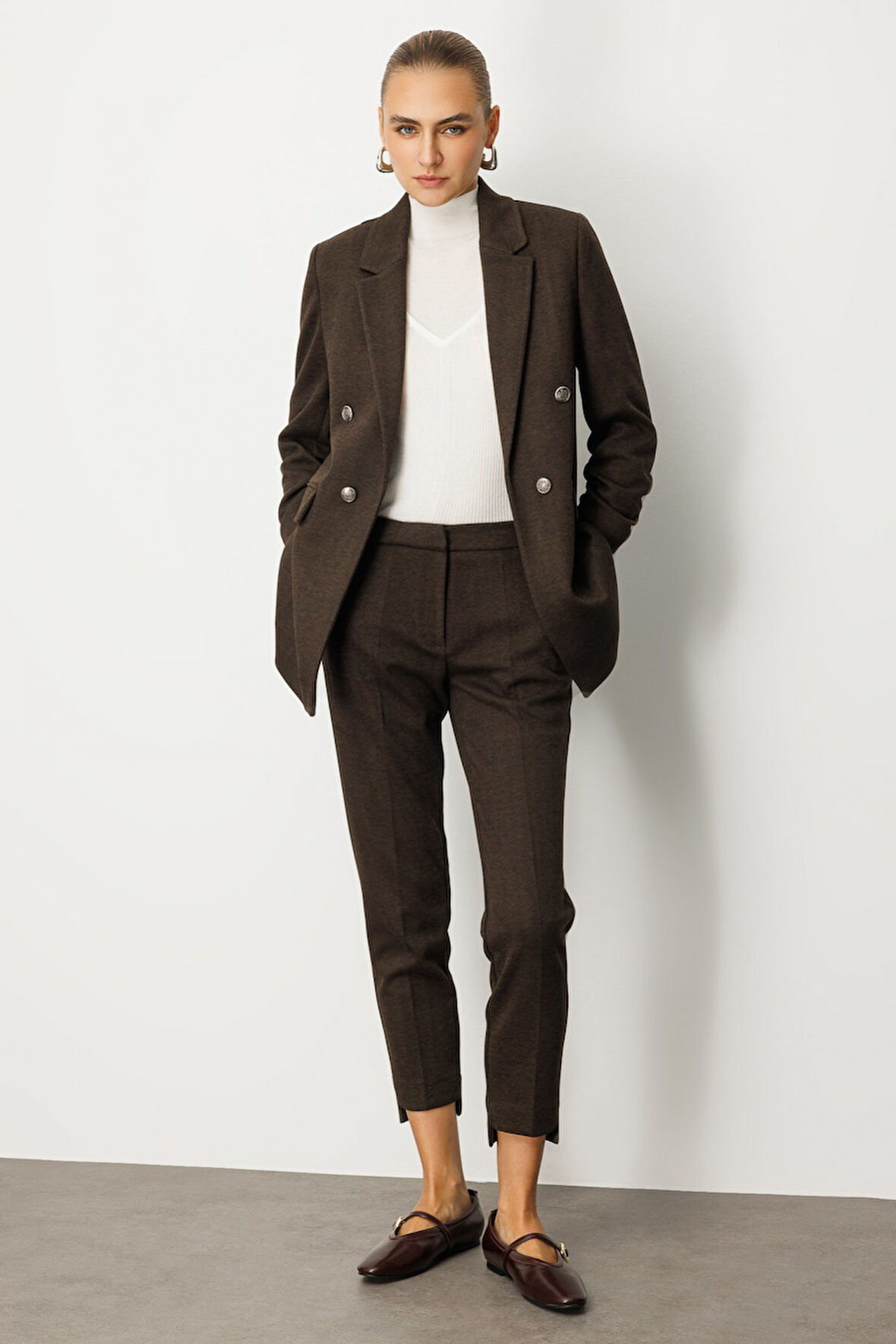 Ekol Kadın Balıksırtı Desenli Dar Paça Pantolon 5189 Kahverengi